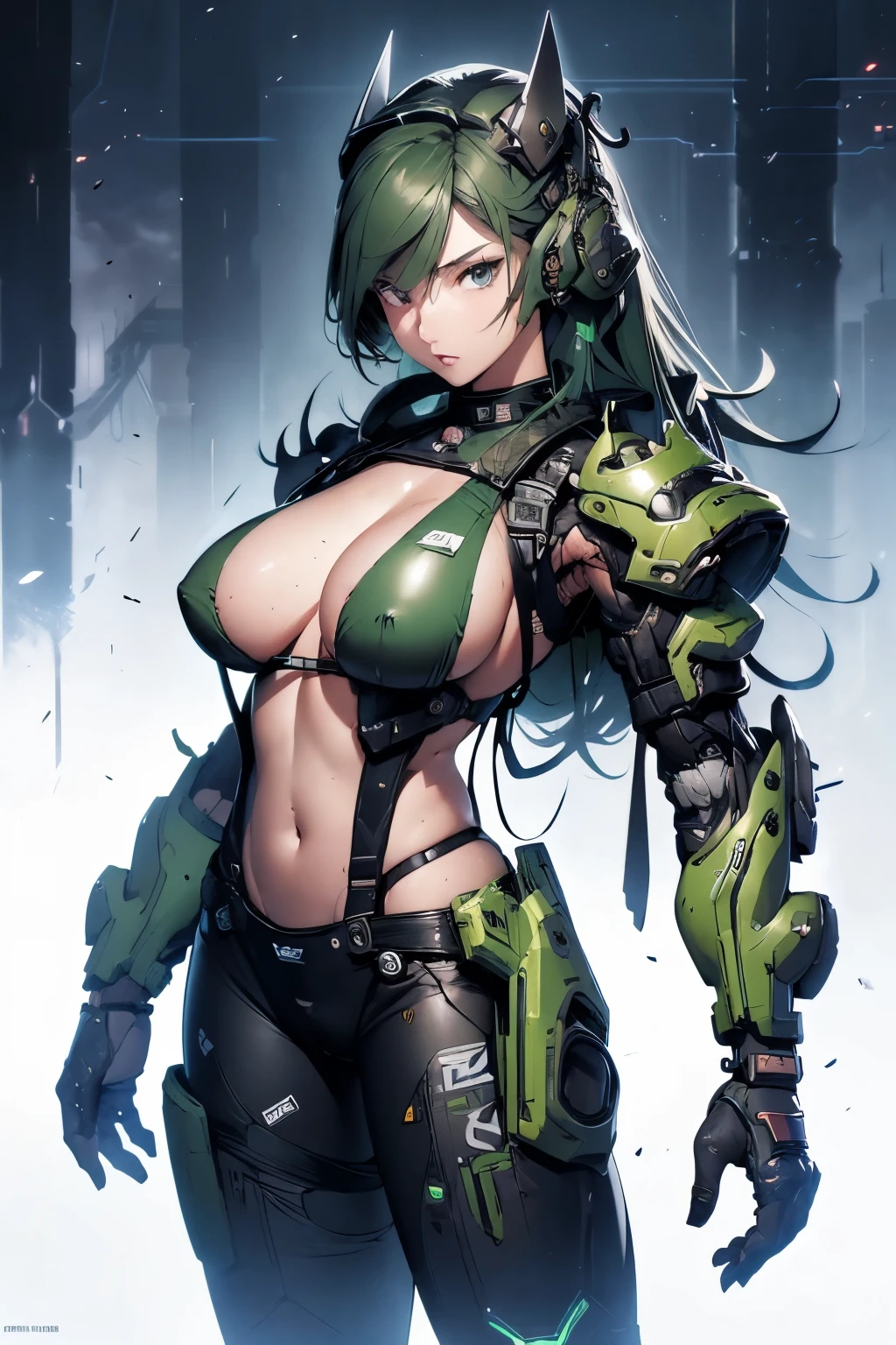 Beautiful woman in a green uniform holding a gun, mechanical bikini, tattered military gear, mechanized soldier girl, extremely oversized mechanical exoskeleton oversized arms and legs, inspired by Masamune Shirow, girl in mecha armor, clothed in military armor, mechanized valkyrie girl, cushart kenz, cool mecha style, bikini-armor, infantry girl, Bare Skin, Athletic Well Toned Body, sweaty skin, Barely Clothed, cammo patterns, Beautiful Face, dieselpunk Theme, Fiverr Dnd Character, Octane Render, Digital Art, Extreme Detail, 4k, Ultra Hd, Polished, Beautiful, Hyperdetailed, Intricate, Elaborate, Meticulous, Photorealistic, Sharp Focus, Wlop, Character Design, Unreal Engine, 3d Rendered, Volumetric Lighting, Reflections, Glossy, Digital Illustration, Pose, Suggestive Pose, Lewd, Full Body Shot, naked, vissible nipples, puffy vagina, anatomically correct 💖❤💕💋