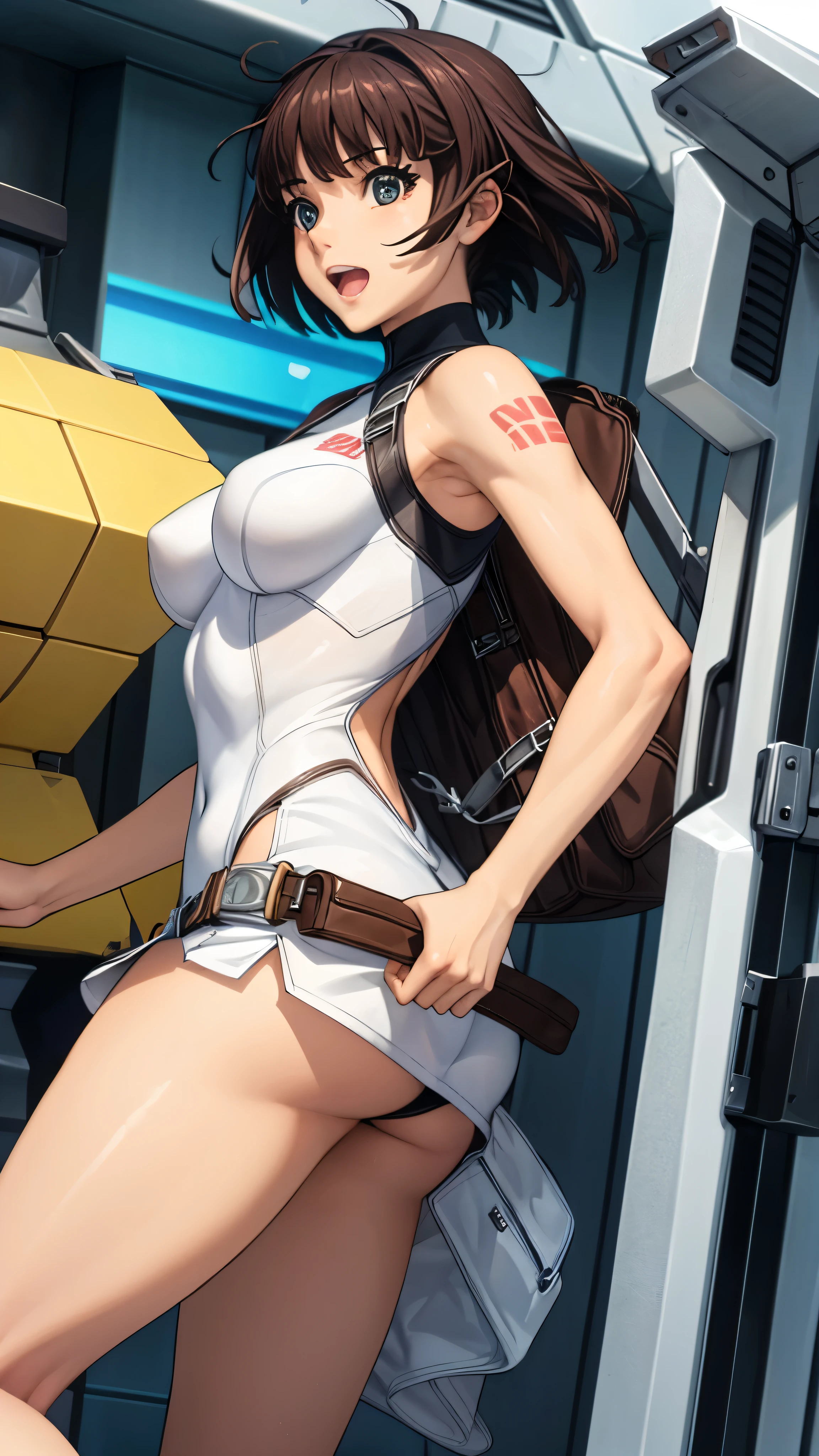 woman,20-year-old,,city,night,white tight miniskirt bodysuit,(Harada Makoto),open mouth smile,Turn your eyes to the camera