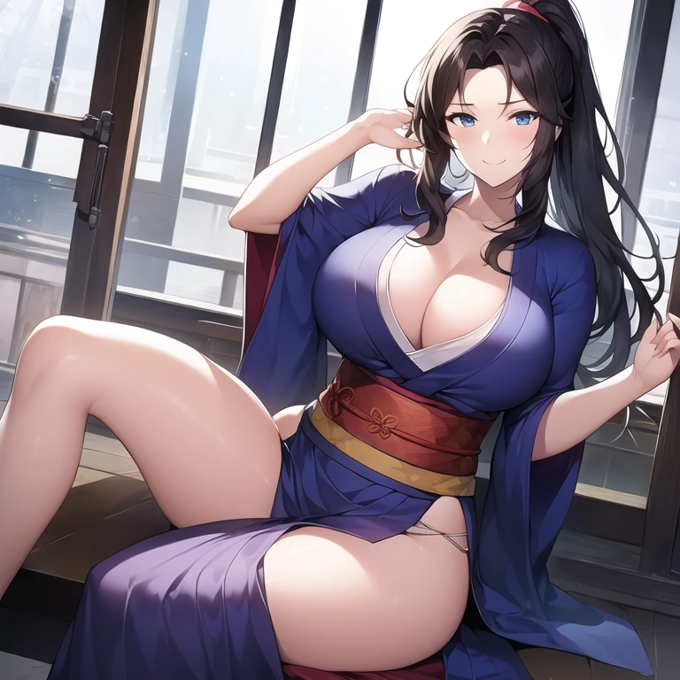 ((masterpiece)), ((best quality)), (ultra-detailed), (realistic), beautiful face, detailed hands, expressive eyes, 1girl, solo, mature female, milf, motherly, forehead, big breasts, narrow waist, wide hips, curvy, (straight hair, long hair, high ponytail, dark hair, dark eyes, blue kimono, cleavage), dojo, looking at viewer, cowboy shot, seductive smile, sitting