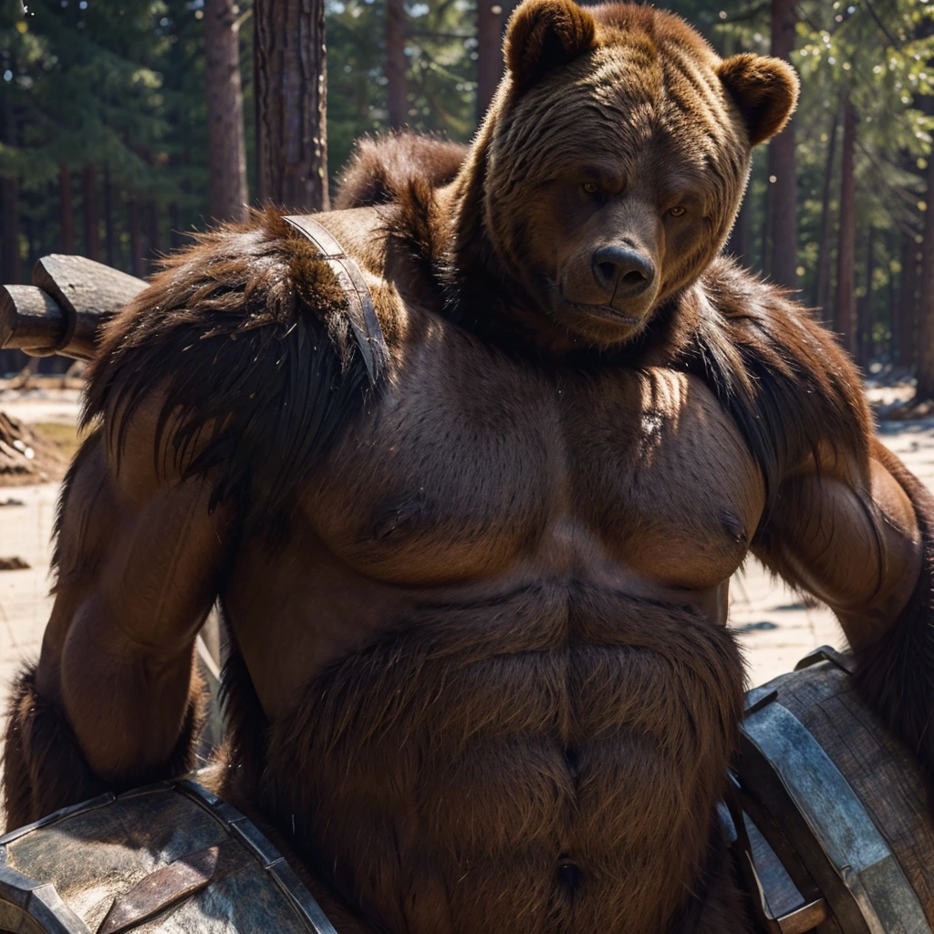 Hulking humanoid bear with a calm expression. He has brown fur. He wears animal skin armor with white fur. He carries a large ax riddled with gemstones.