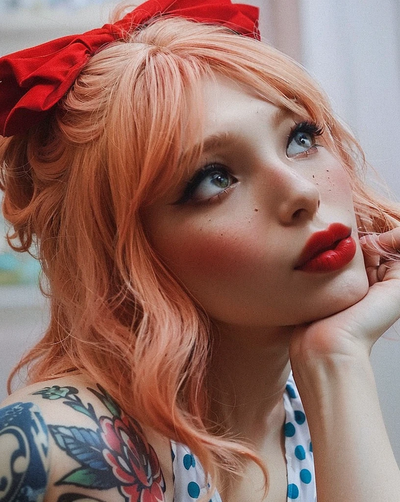 There is a woman with a red bow on her head, tatuada, red bow in your hair, red hair and attractive features
