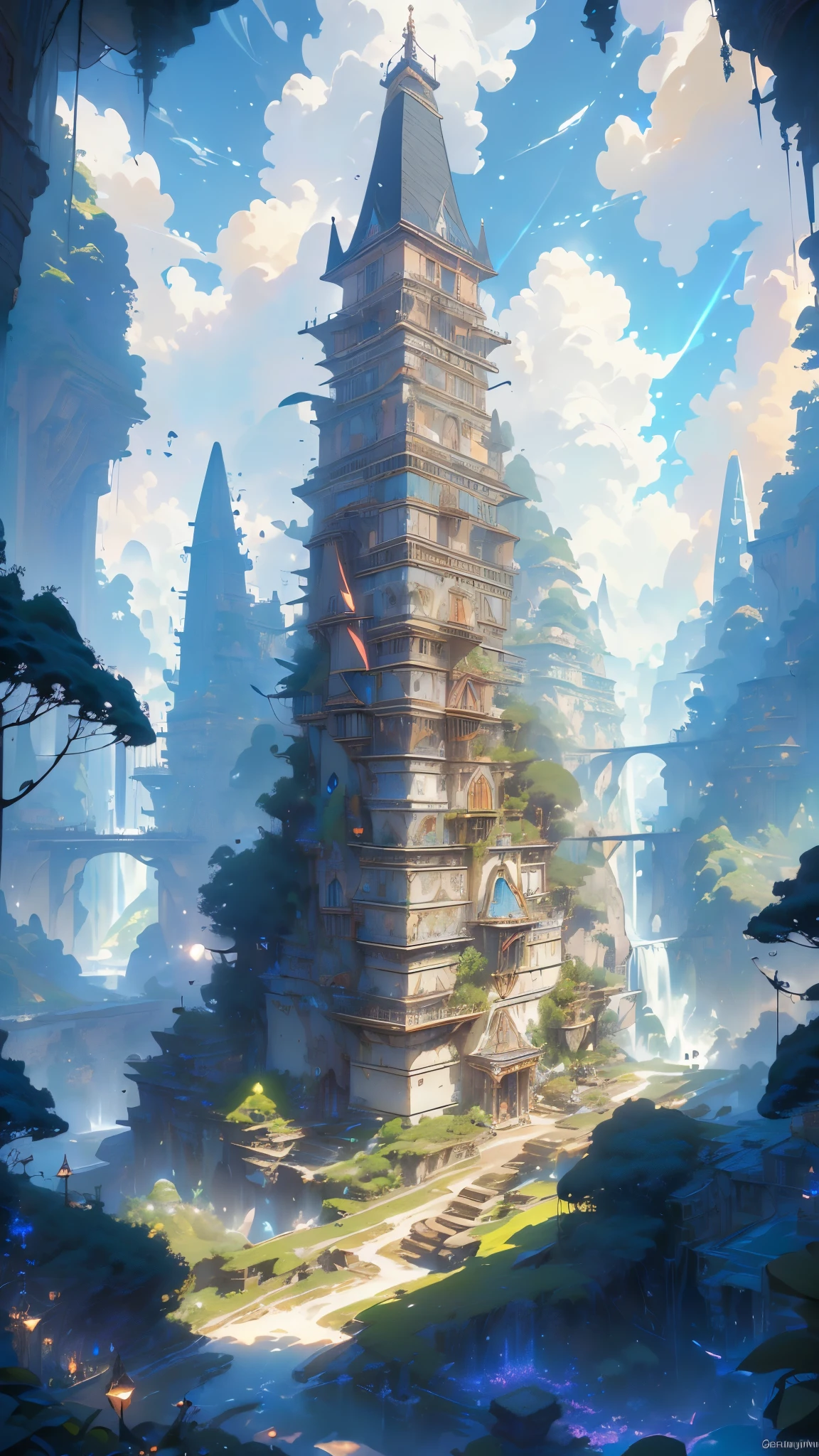 A digital painting of a tall tower in the middle of a forest - SeaArt AI