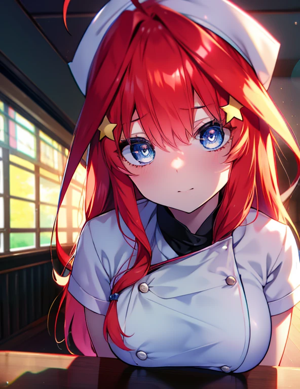 Satsuki Nakano, Itsuki Nakano, bangs, blue eyes, hair between eyes, Ahoge, redhead, star \(symbol\), hair ornaments, star hair ornaments 赤いメガネ, nurse uniform,Nurse hat,tying back hair,Nurse skirt,black pantyhose,Black Garter Belt,indoor,bright,A chart is placed on the table,Are standing,highest quality, High resolution, unity 8k wallpaper, (shape:0.8), (beautiful and detailed eyes:1.6), highly detailed face, perfect lighting, Detailed CG, (perfect hands, perfect anatomy),
