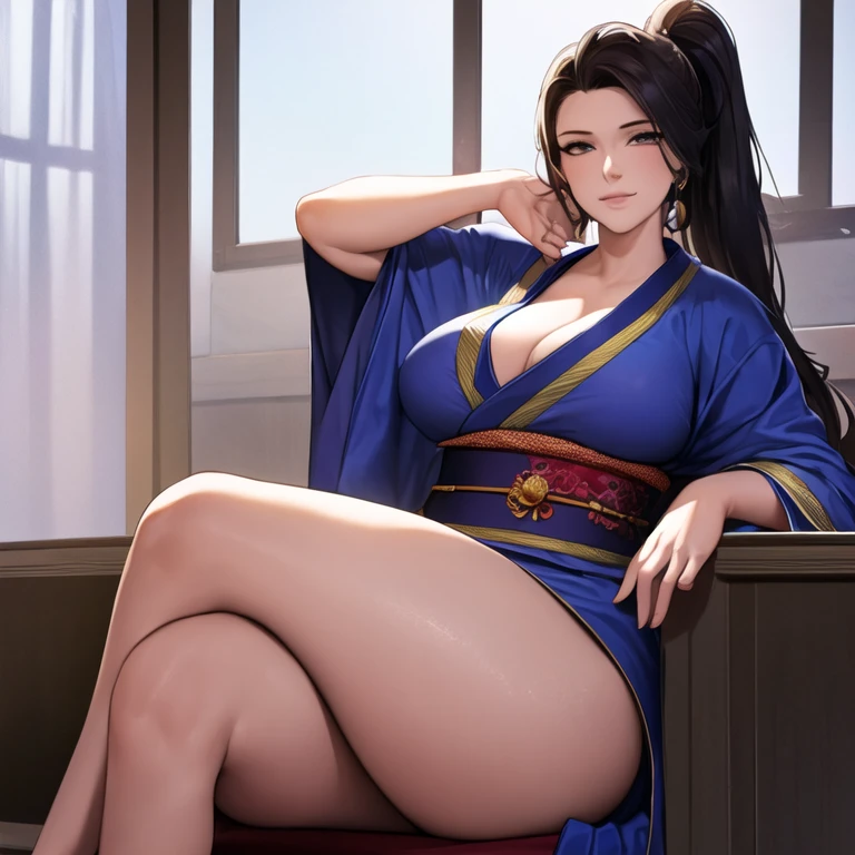 ((masterpiece)), ((best quality)), (ultra-detailed), (realistic), beautiful face, detailed hands, expressive eyes, 1girl, solo, mature female, milf, motherly, forehead, big breasts, narrow waist, wide hips, curvy, (straight hair, long hair, high ponytail, dark hair, dark eyes, blue kimono, cleavage), dojo, looking at viewer, cowboy shot, seductive smile, sitting