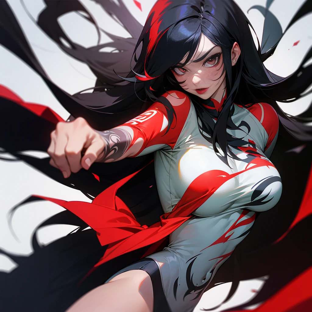 long hair, black hair, Covered in tattoos, red lips, punching