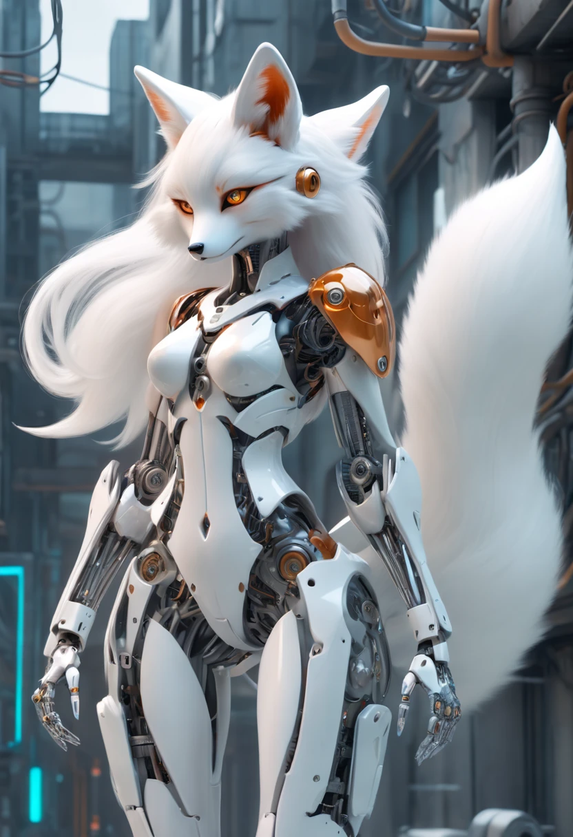 Translucent ethereal mechanical fox girl,Futuristic girl,Mechanical joints,mecha-girl,futuristic urban background, fluffy tail