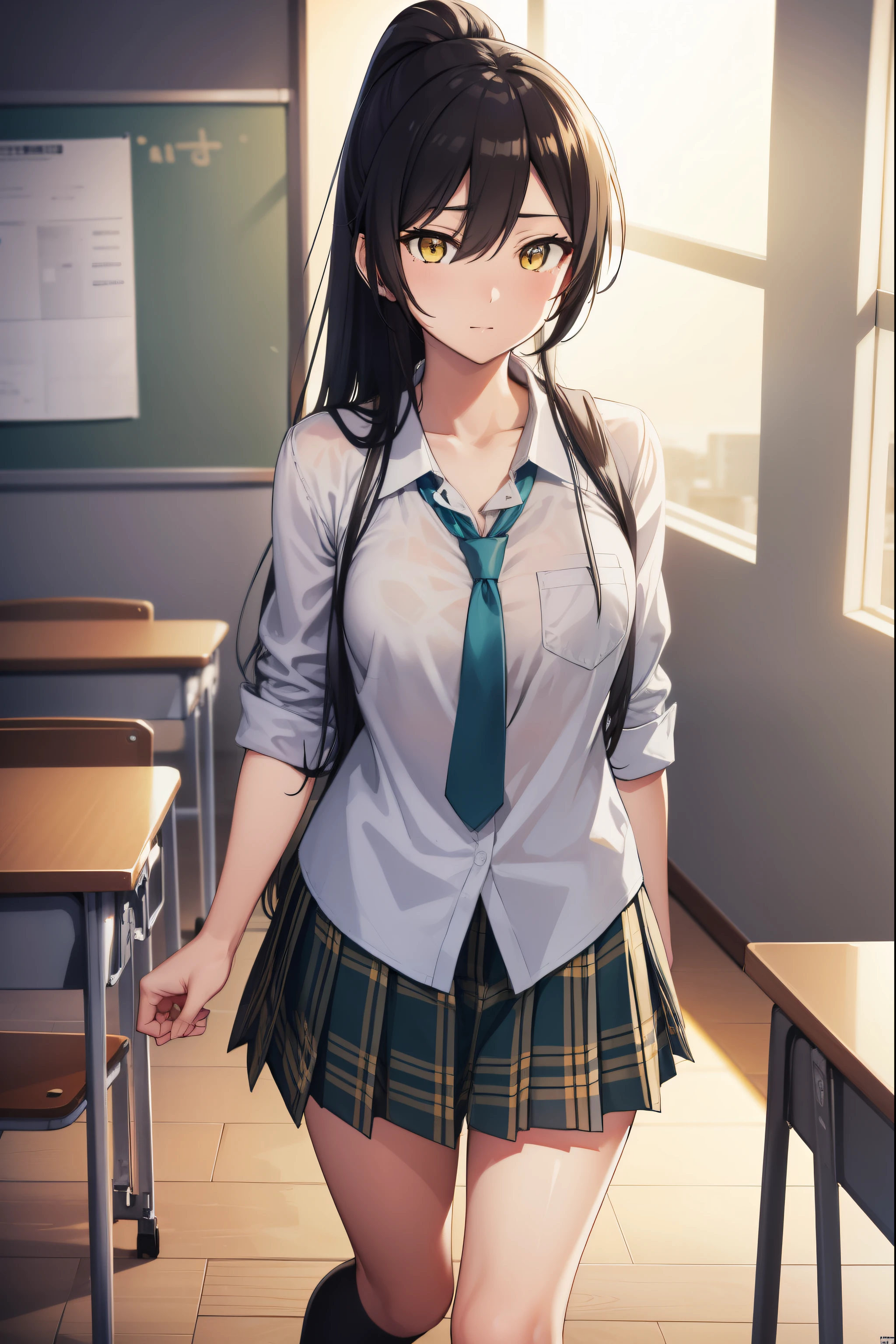 sakuyashirase, sakuya shirase, black hair, hair between eyes, long hair, ponytail, (yellow eyes:1.5),
BREAK collarbone, green necktie, green skirt, necktie, open collar, plaid, plaid skirt, pleated skirt, school uniform, shirt, skirt, white shirt,
BREAK looking at viewer, full body,
BREAK indoors, classroom,
BREAK (masterpiece:1.2), best quality, high resolution, unity 8k wallpaper, (illustration:0.8), (beautiful detailed eyes:1.6), extremely detailed face, perfect lighting, extremely detailed CG, (perfect hands, perfect anatomy),