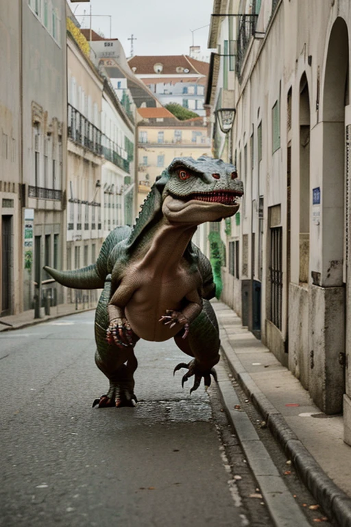 the rex dinosaur running from the streets of Lisbon