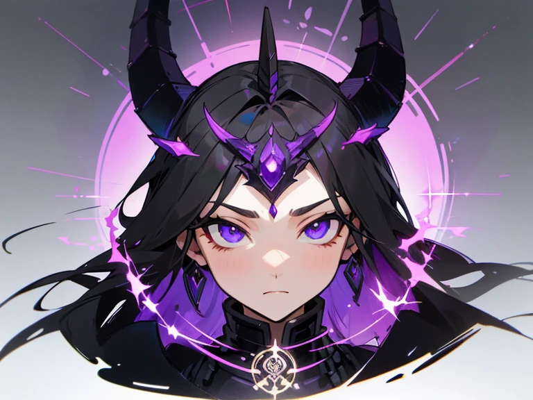 masculine,It looks like an emperor's armor,color is black,The texture is purple,And there is a word "rice" surrounded by a circle on the chest.,The face has two V-shaped eyes,There is a pair of long horns on the forehead。