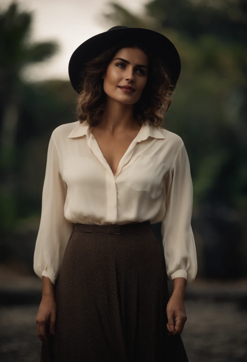 Mulher linda , usando camisa de viscose creme e saia preta plissada, montada num canguru