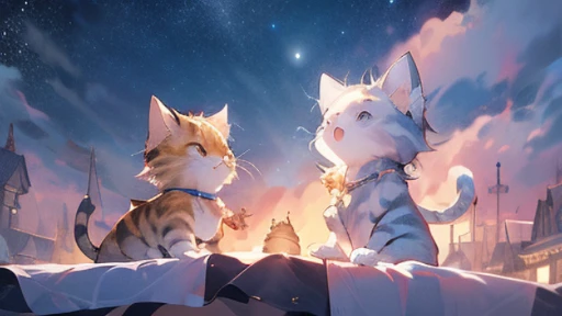 (on the table:1.2, high quality),Cat, absurd, high resolution, Super detailed, Cats, 白Cat、kawaii、现实的动漫Cat、4K、wearing a skirt、Dores、Pearl accessories、accessories、about、Berets、frills、Ocean wind、Cheese、city View、overseas、luxury residential area、night、night sky、Star、meteor、Quiet nights、Have background