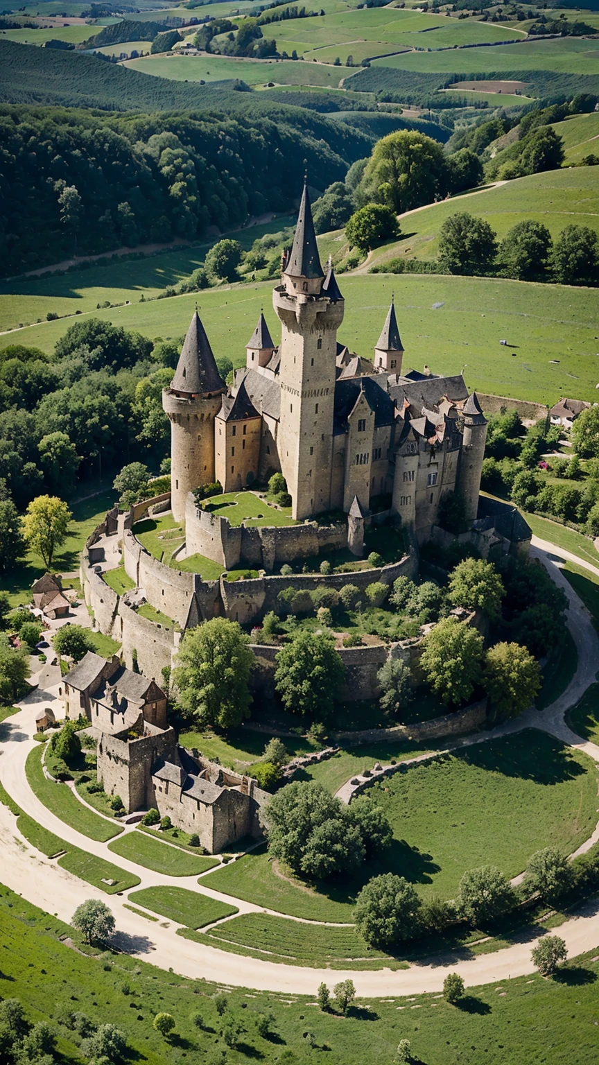 a beautiful medieval castle with high towers surrounded by a beautiful and colorful village of houses, fairy tale style, is situated on a hill, below several peasant farms with many plantations, image with total clarity, vivid colors, 8k uhd, cheerful atmosphere and relaxed, natural light, full sun.