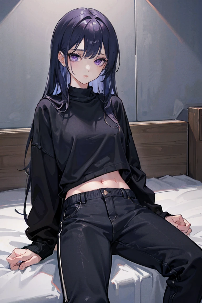 A gothic girl sits alone in a dimly lit bedroom, Her melancholy expression was accentuated by the gloomy atmosphere. She wore a cozy sweater and a hoodie,Partially covered her face, She was wearing black wet pants,Amplifies the desolate atmosphere. Long black hair falls over one of her purple eyes, Adding an element of mystery to her appearance.