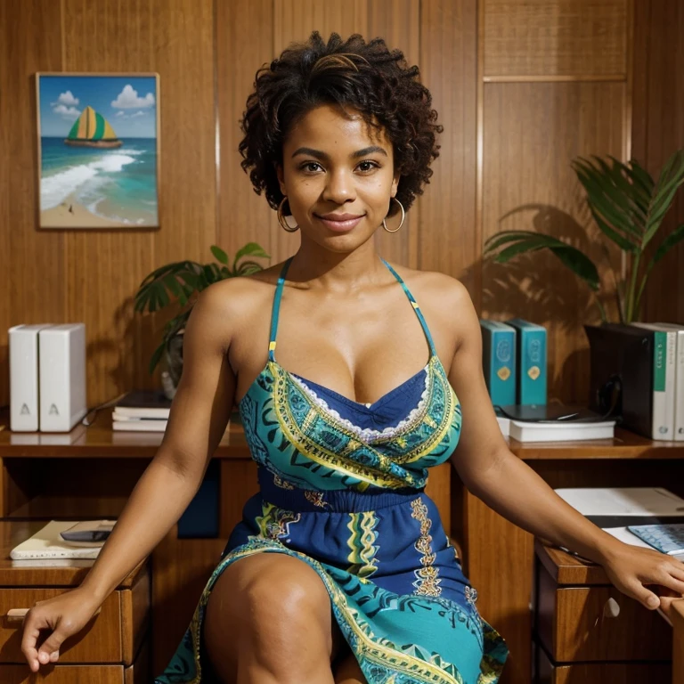 A Brazilian mulatto is a person with a rich ethnic heritage, often exhibiting a combination of African and European ancestry, with a range of skin tones and a vibrant culture that celebrates Brazil&#39;s racial and ethnic diversity, dressed in&#39;a blue dress in the colors of the sea and with an ocean pattern, sitting behind a desk like a president and her hands are clasped.