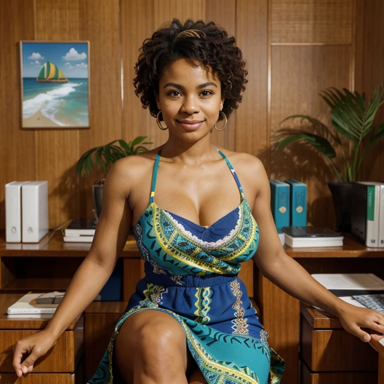 A Brazilian mulatto is a person with a rich ethnic heritage, often exhibiting a combination of African and European ancestry, with a range of skin tones and a vibrant culture that celebrates Brazil's racial and ethnic diversity, dressed in'a blue dress in the colors of the sea and with an ocean pattern, sitting behind a desk like a president and her hands are clasped.