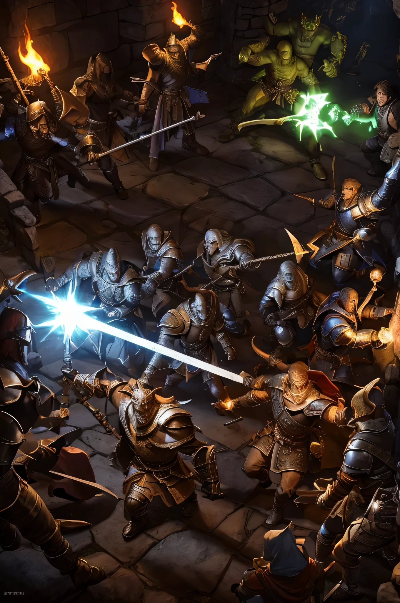 A group of five adventurers exploring a dungeon using light magic and fighting dark demons, image highlighting the five adventurers, adventurers fighting monsters made of shadows, in the group a knight in silver armor, a monk, an elf archer, a red wizard, a barbarian orc