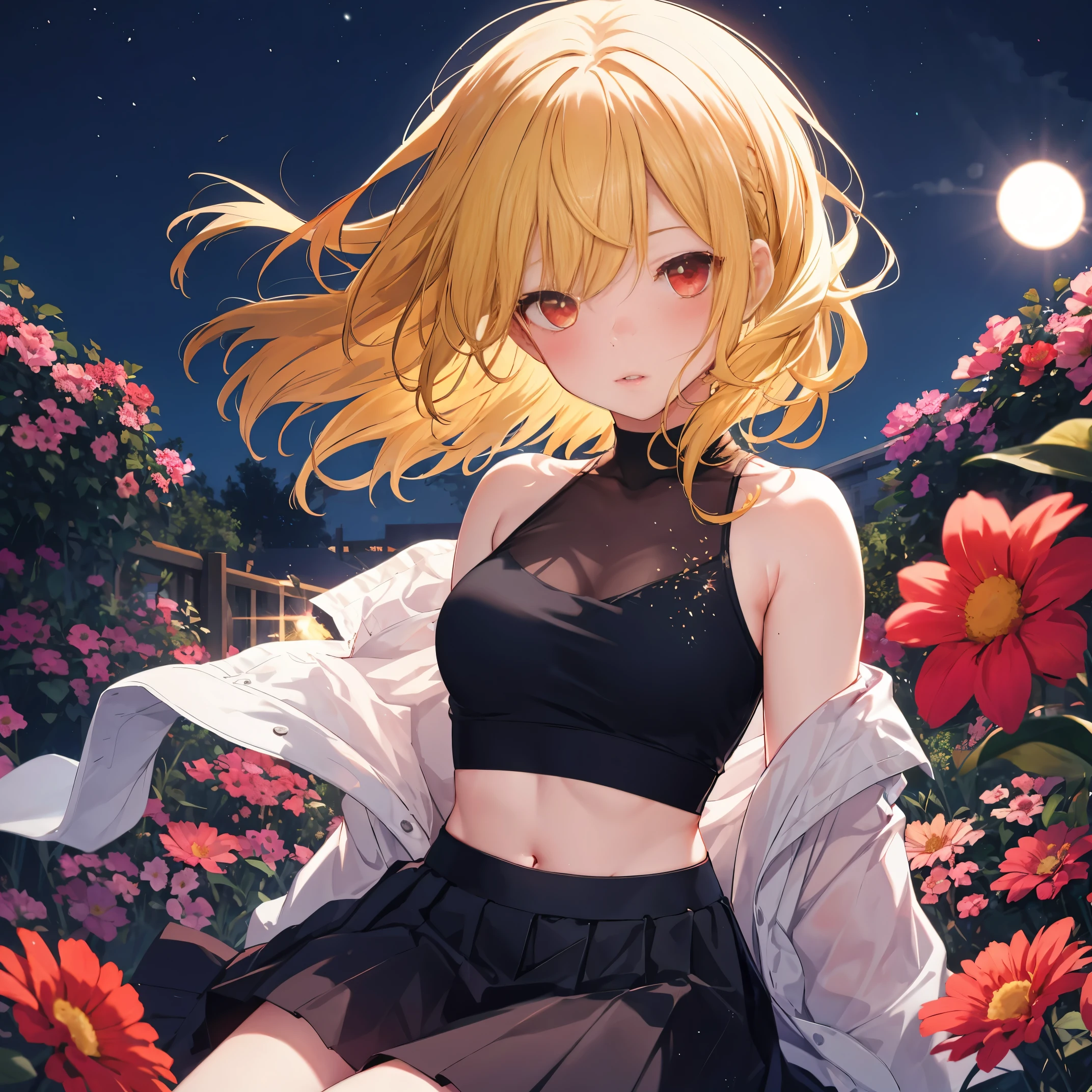 realistic, 1girl,yellow hair,red eyes, glowing eyes, crop top, skirt, parted lips, blush, night, flowers, sun, sunlight,