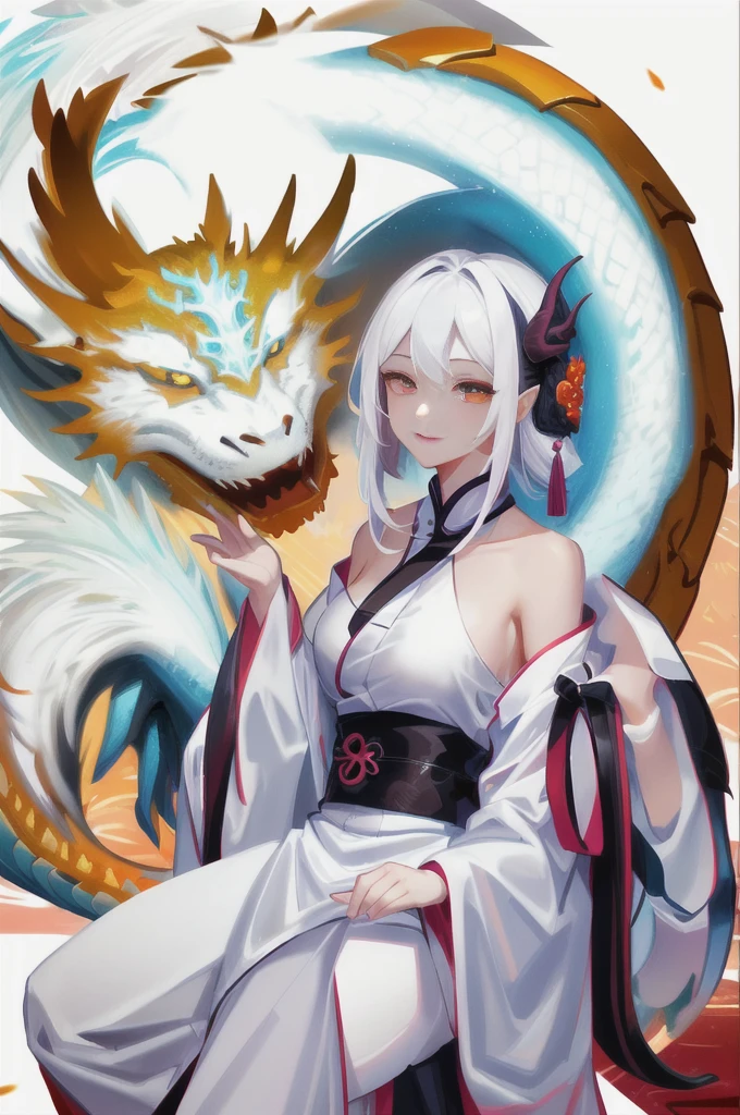 Anime girl sitting on a chair，There is a dragon on the arm, White hair deity, dragon girl, the dragon girl portrait, Popular topics on artstation pixiv, anime style illustration, anime illustration, author：Yang Jie, White hair, pixiv, White hair lady, digital anime illustration, Clean and detailed anime art, anime style 4k, Demon Slayer: Rui fan art