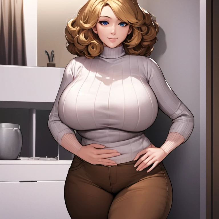 ((masterpiece)), ((best quality)), (ultra-detailed), (realistic), beautiful face, detailed hands, expressive eyes, 1girl, solo, mature female, milf, motherly, huge breasts, narrow waist, wide hips, curvy, curly hair, short hair, short bangs, blonde hair, blue eyes, turtleneck, turtleneck sweater, ribbed sweater, white sweater, brown pants, standing, indoors, sexy pose, seductive smile, looking at viewer