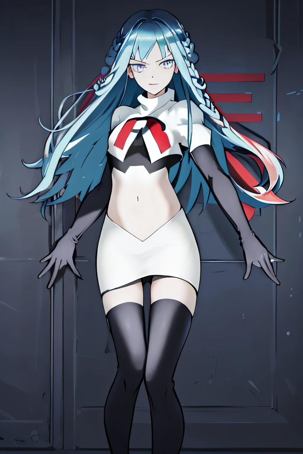 best quality, masterpiece, lamiapgr, blue_lipstick, blue_eyeliner, symbol-shaped_eyes, multicolored_hair, head fins, floating hair,team rocket,team rocket uniform, red letter R, white skirt,white crop top,black thigh-highs,black elbow gloves,