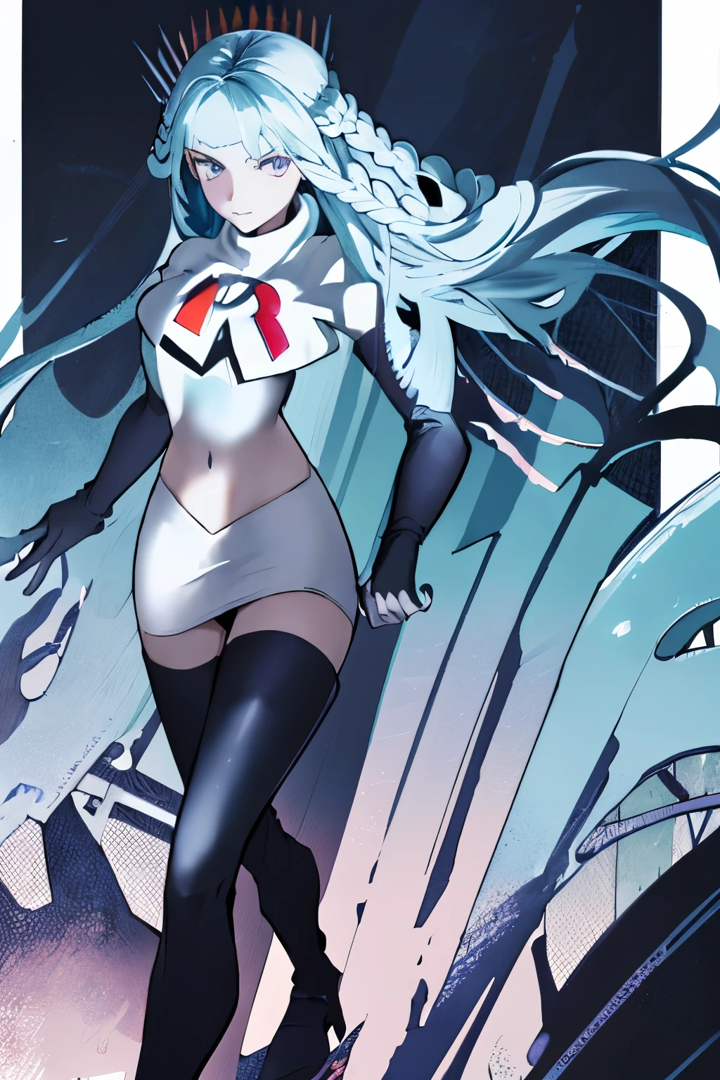best quality, masterpiece, lamiapgr, blue_lipstick, blue_eyeliner, symbol-shaped_eyes, multicolored_hair, head fins, floating hair,team rocket,team rocket uniform, red letter R, white skirt,white crop top,black thigh-highs,black elbow gloves,