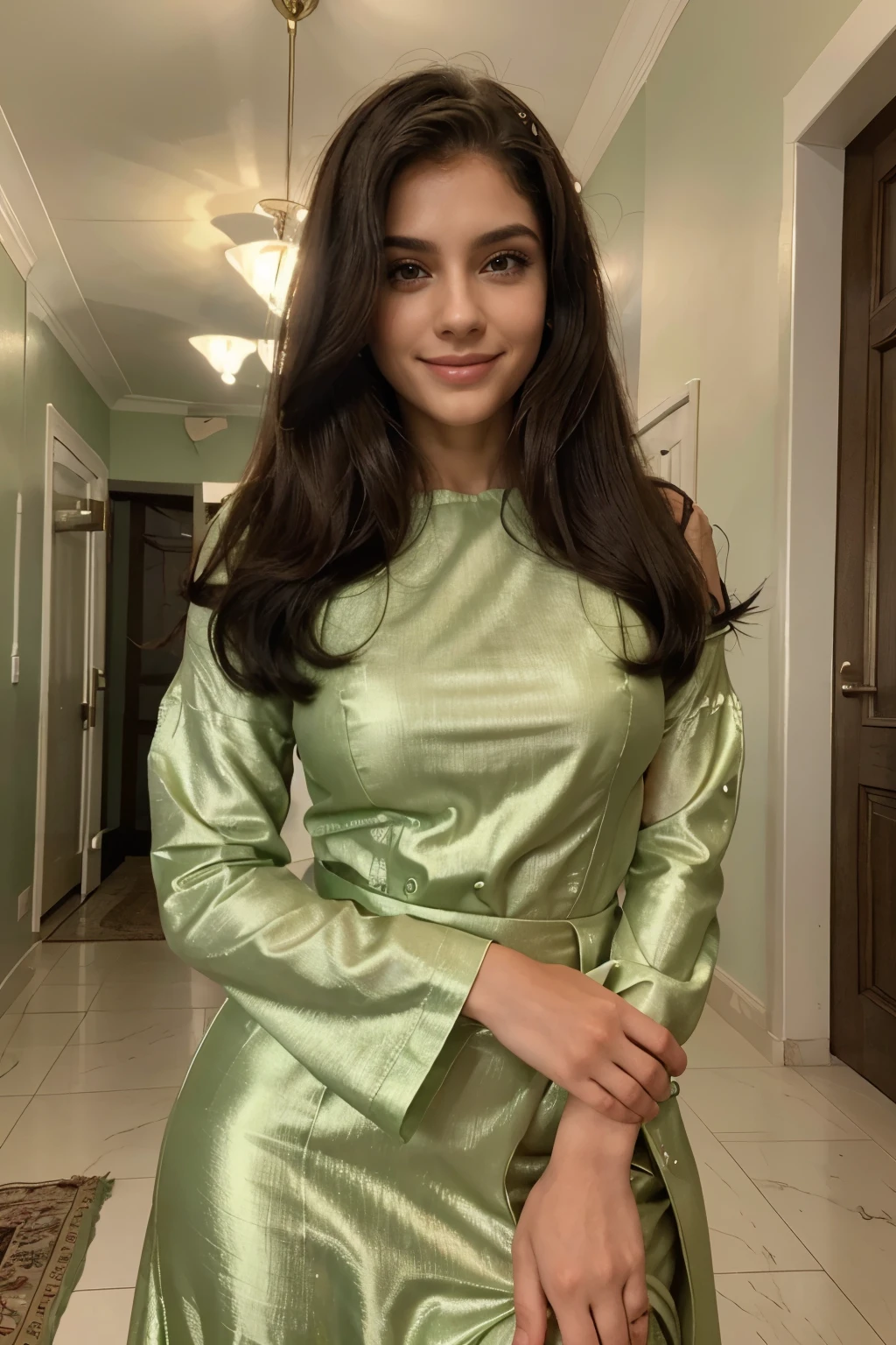 Mulher de 23 anos, muito bonita, cabelos aos ombros, rosto liso e fino, olhos verdes. cabelos loiros ondulados, Smiling expression, dressed formally for presentations, body straight in relation to the camera