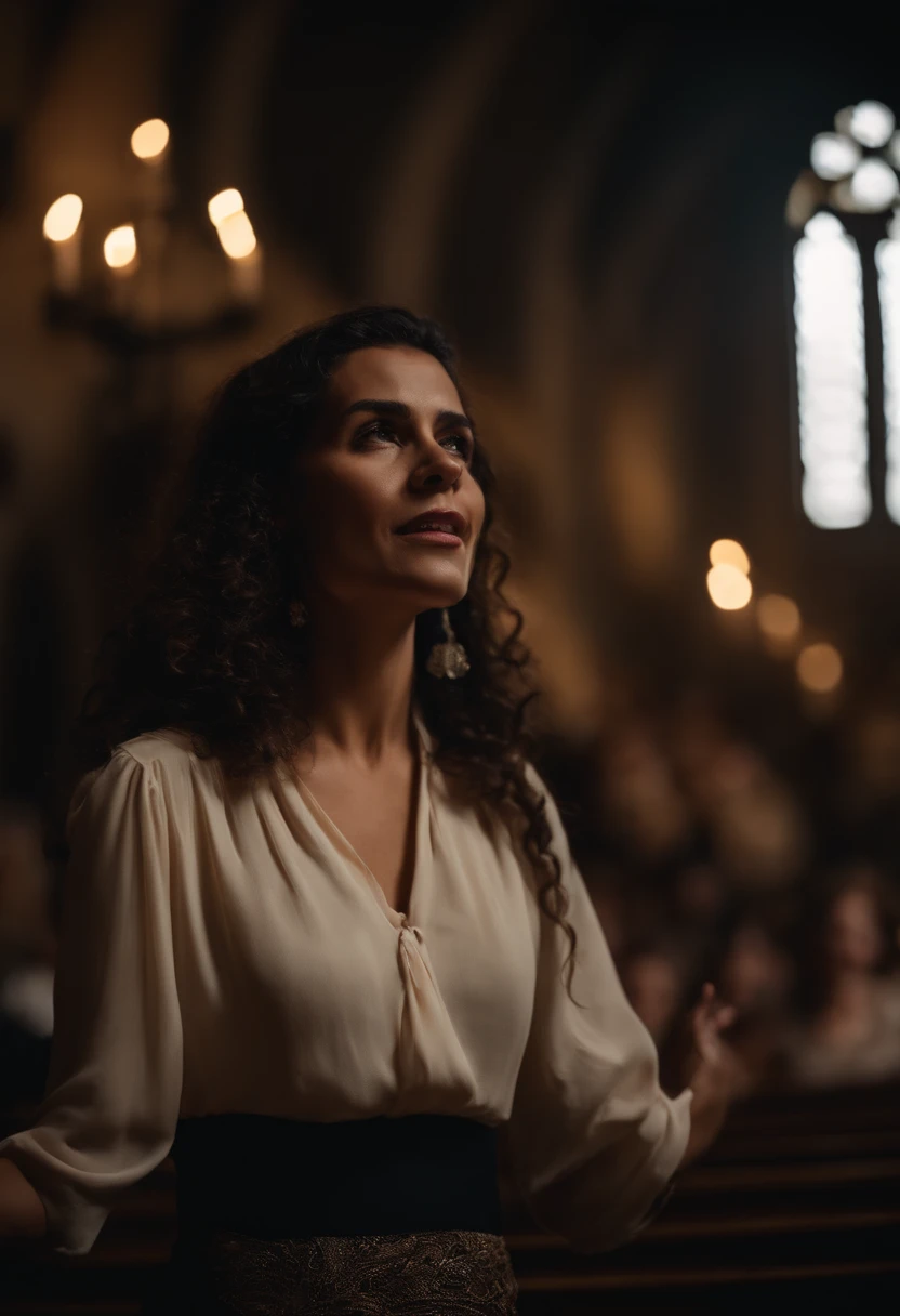 Mulher devota usando uma camisa de viscose creme e saia preta plissada, cantando dentro de uma igreja