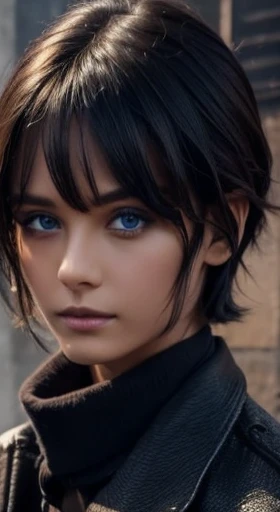 masterpiece、cool、30s、blue eyes、black skin、brown skin、black hair、Arab、woman、serious face、short hair、straight hair、messy hair、bangs、very short hair、sharp eyes、black clothes、Long jacket、long coat、pants、gloves、full body photo、Formal wear