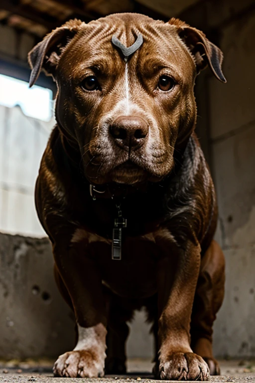 perro pitbull de color marron y blanco, imponente , vigilante y fuerte