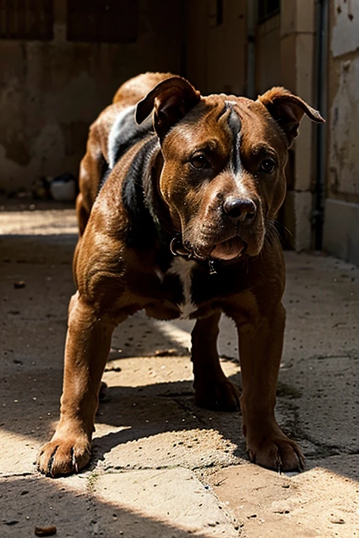 perro pitbull de color marron y blanco, imponente , vigilante y fuerte