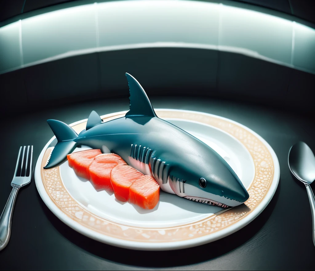RAW photo, (fisheye effect:1.2), (photo of a (shark), (sliced) in parts, on a huge plate), dim lit, (high detailed skin, detailed eyes:1.1), 8k uhd, dslr, soft lighting, intricate details, best quality, film grain, Fujifilm XT3, analog style, instagram, tik tok, in a japanese kitchen, on a table, there is a huge plate, with a shark sliced.