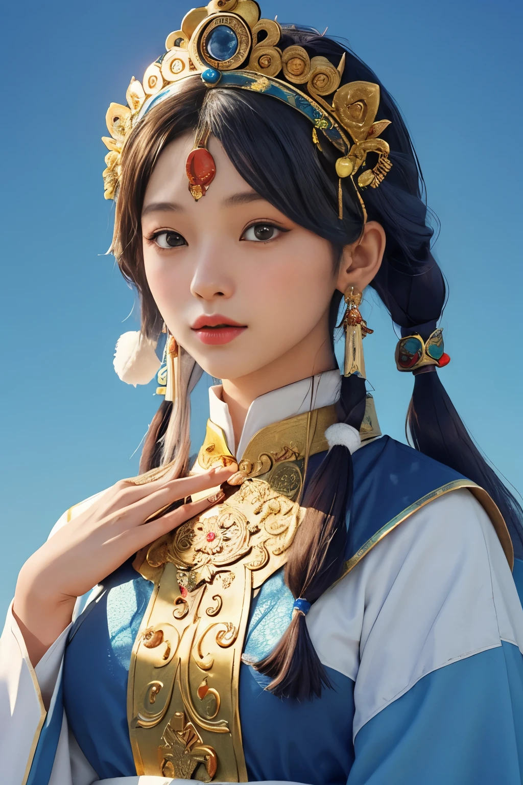 Close-up of a woman in long pigtails and blue Tibetan clothes, Tibetan girl, slightly raised head, slightly raised head, half-body photo, upper body, a girl in Tibetan clothing, similar in appearance to Yang Transcendence, face shape similar to female star Yang Transcendence, gorgeous Tibetan costume, clothes with white fluff, clothes with bright colors, clothes color is mainly navy blue, clothing color supplemented by white, Tibetan style headdress, cumbersome headdress, traditional beauty, white Tibetan clothes, Chinese Tibetan style, beautiful young wind spirit, beautiful generous, gentle girl, Wearing Chinese Tibetan Costume, Chinese Sweet Girl, Chinese Costume, Live CG, Light Makeup Girl 0.5, Sweet Style 0.3, Tibetan Costume 0.8, Film Style, HD 4K