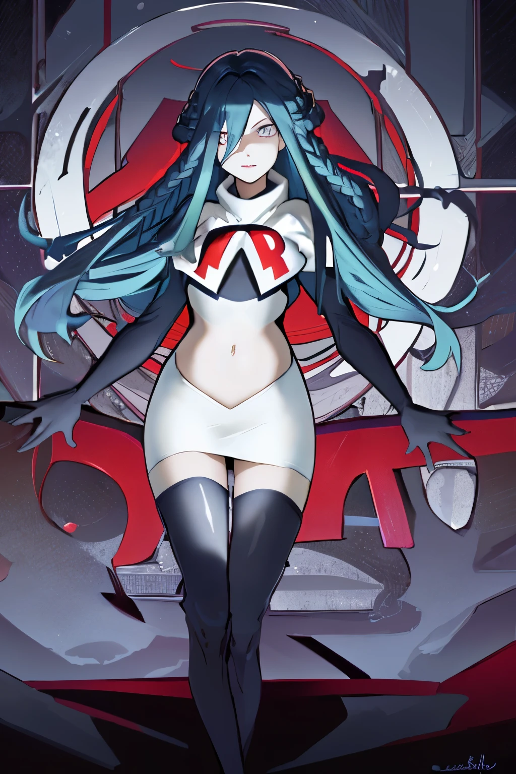 best quality, masterpiece,  lamiapgr, blue_lipstick, blue_eyeliner, symbol-shaped_eyes, multicolored_hair, head fins, floating hair,team rocket,team rocket uniform, red letter R, white skirt,white crop top,black thigh-highs,black elbow gloves,