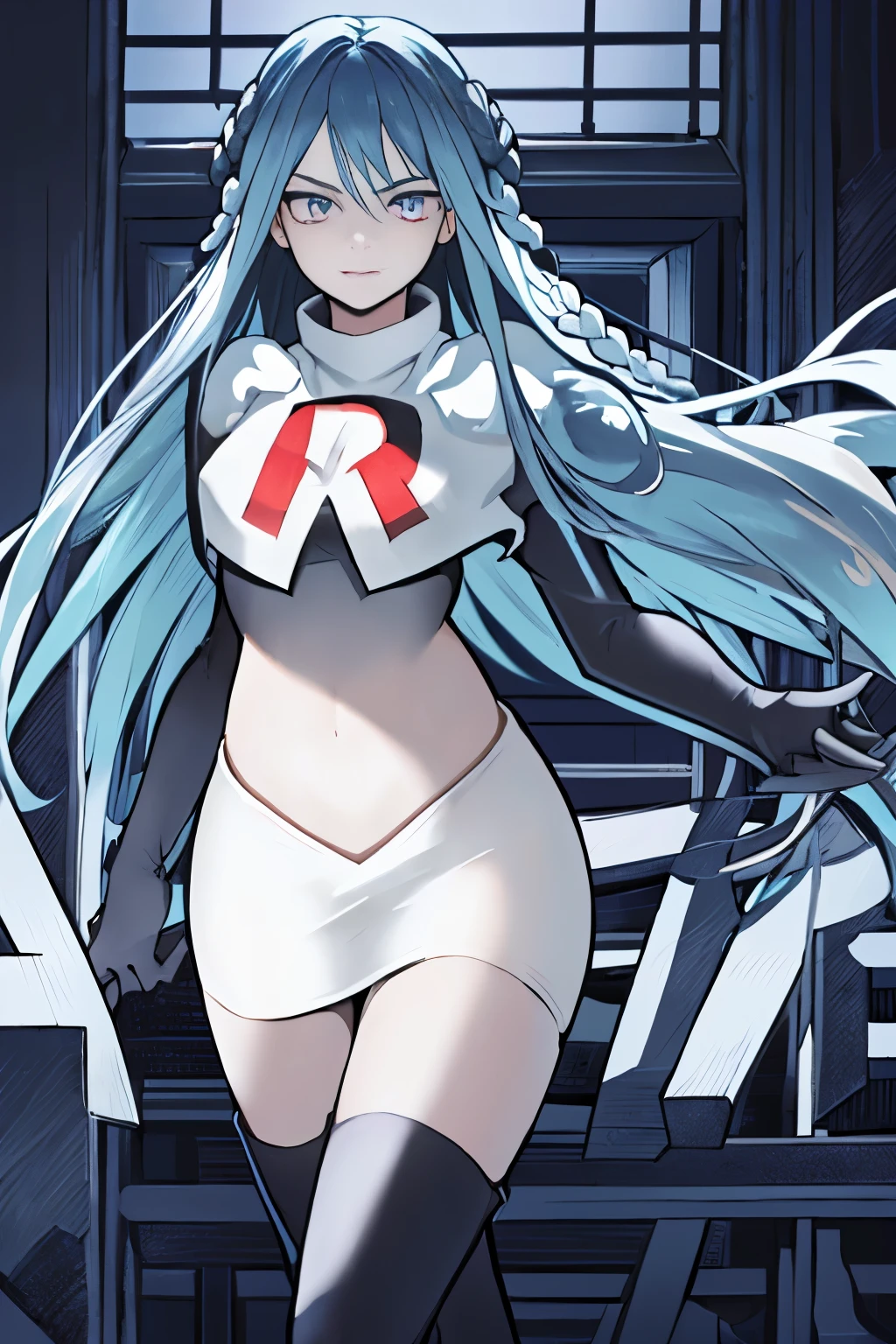 best quality, masterpiece, lamiapgr, blue_lipstick, blue_eyeliner, symbol-shaped_eyes, multicolored_hair, head fins, floating hair,team rocket,team rocket uniform, red letter R, white skirt,white crop top,black thigh-highs,black elbow gloves,