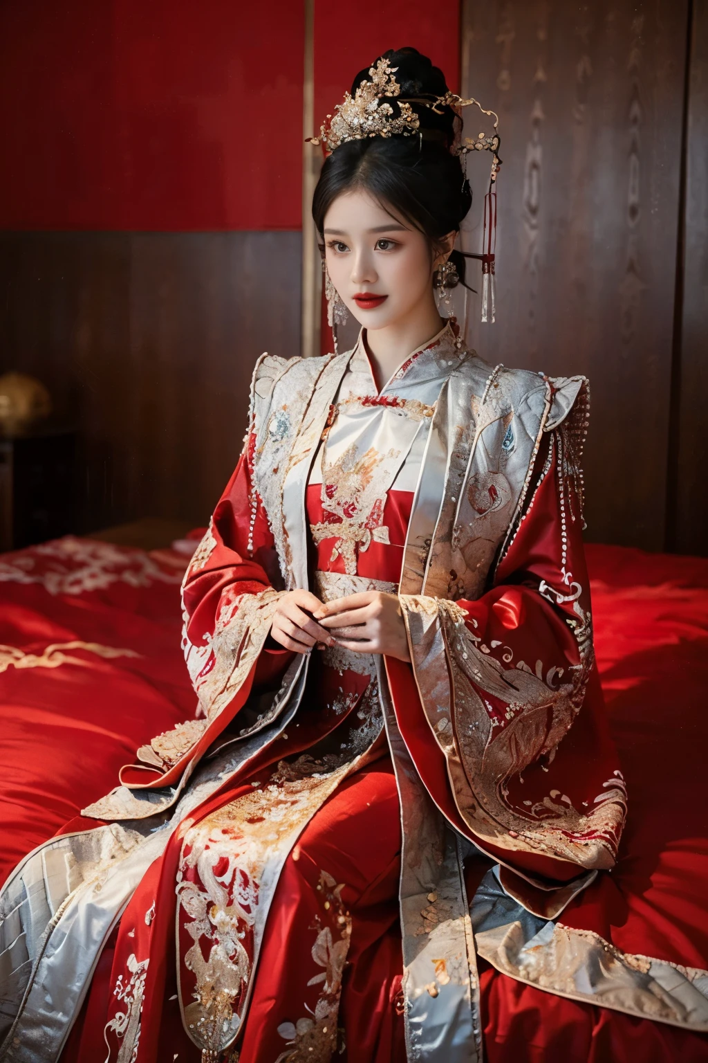 (ultra realistic 8k CG:1.2),perfect artwork,delicate pattern,intricate detail, (unparalleled masterpiece,best quality:1.2),(extremely intricate:1.2),a woman in a red and gold dress, Phoenix crown,hair stick,(sitting on red bed),Cosmetic,blush,shy,black_hair, looking down, Cosmetic,(forehead dot),(2 red candles), chinese_clothes, curtains, earrings, hair_ornament, hanfu, indoors, jewelry, red nails, long_sleeves, red dress, red lips, tassel, (Red quilt),(red palace:1.2),(ancient Chinese architecture),(red:1.8),night