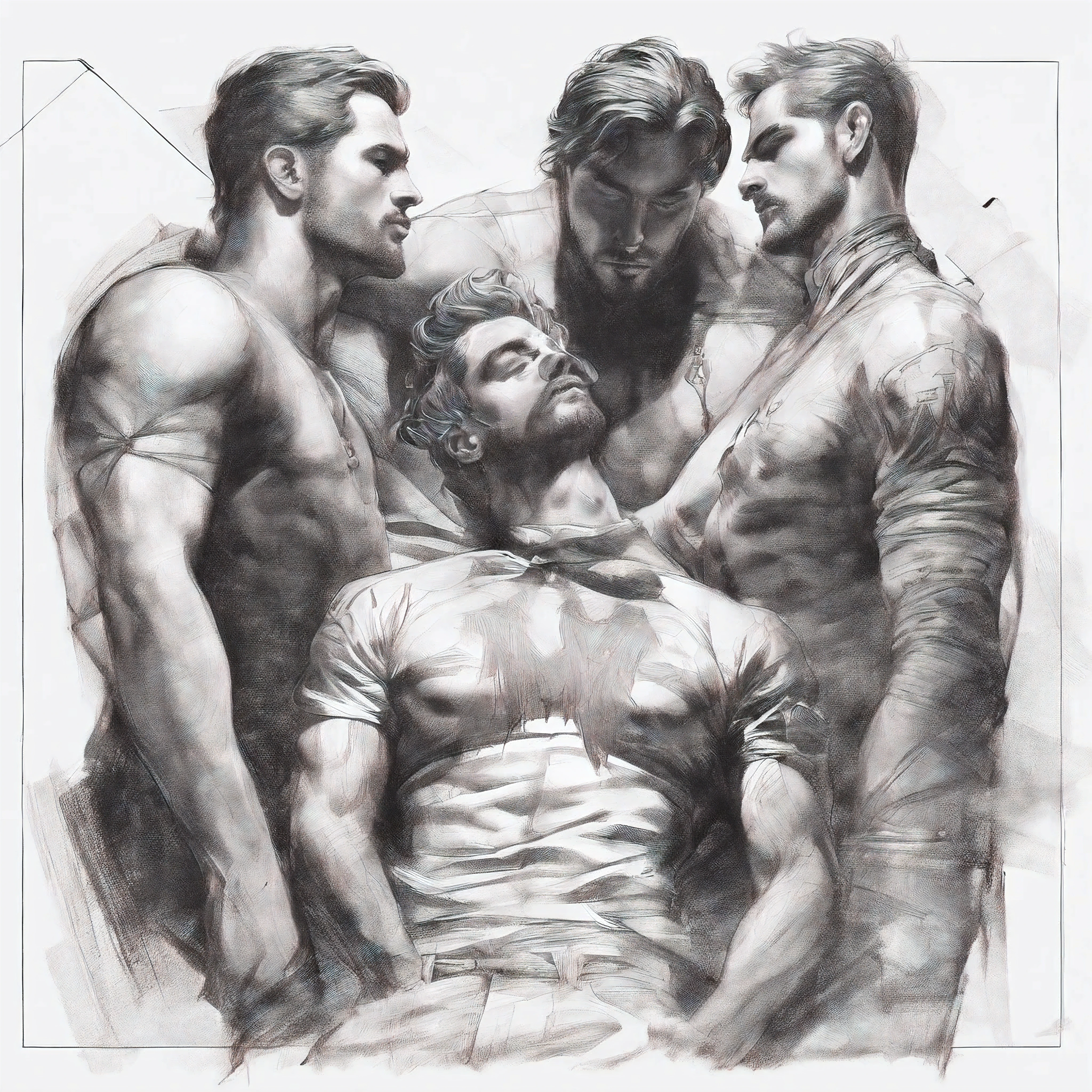 gay, men, line drawing, dim light, leather, half naked, charcoal, pencil. drawing, underground paper, kissing men. trio, male-male, realistic charcoal drawing