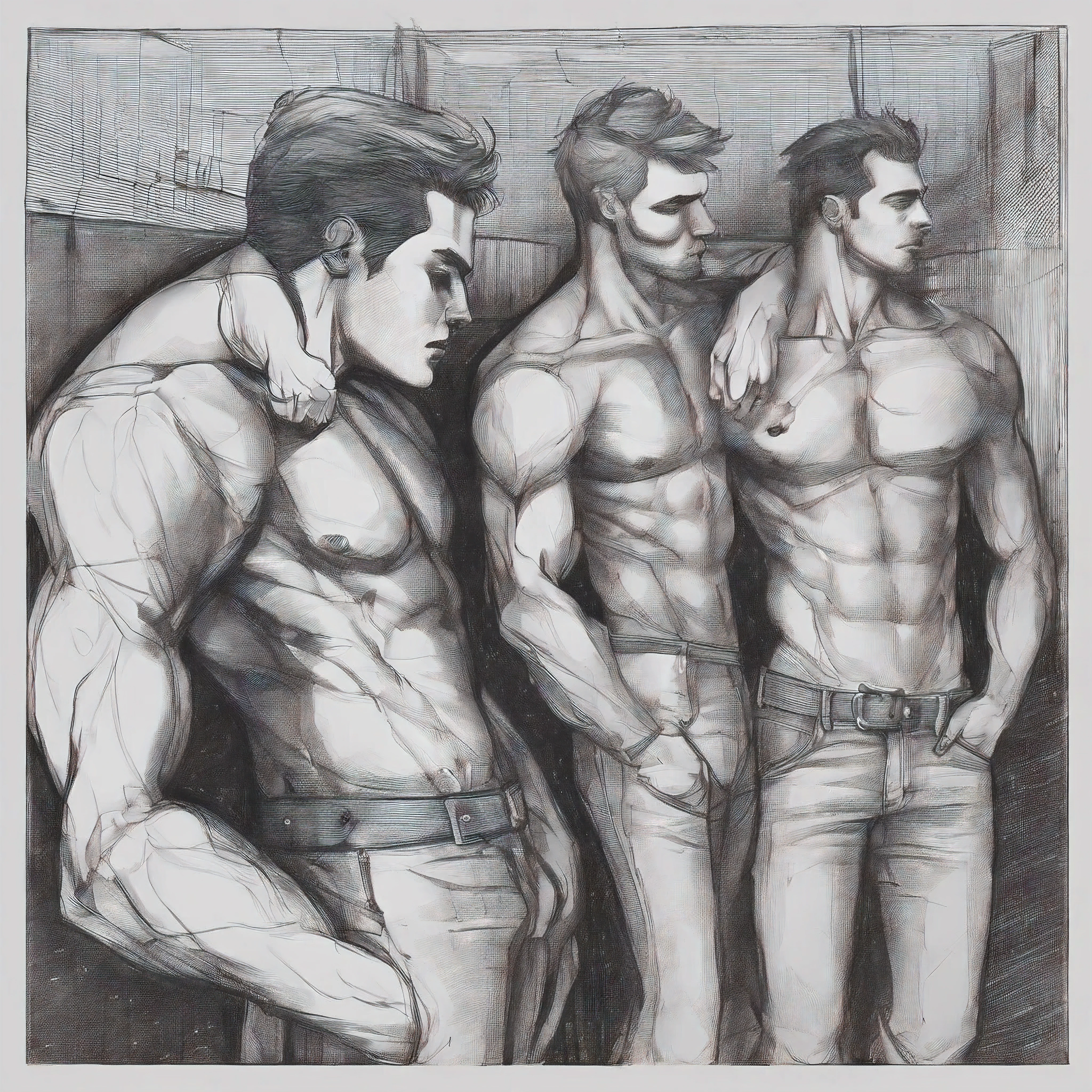 gay, men, line drawing, dim light, leather, half naked, charcoal, pencil. drawing, underground paper, kissing men. trio, male-male, realistic charcoal drawing