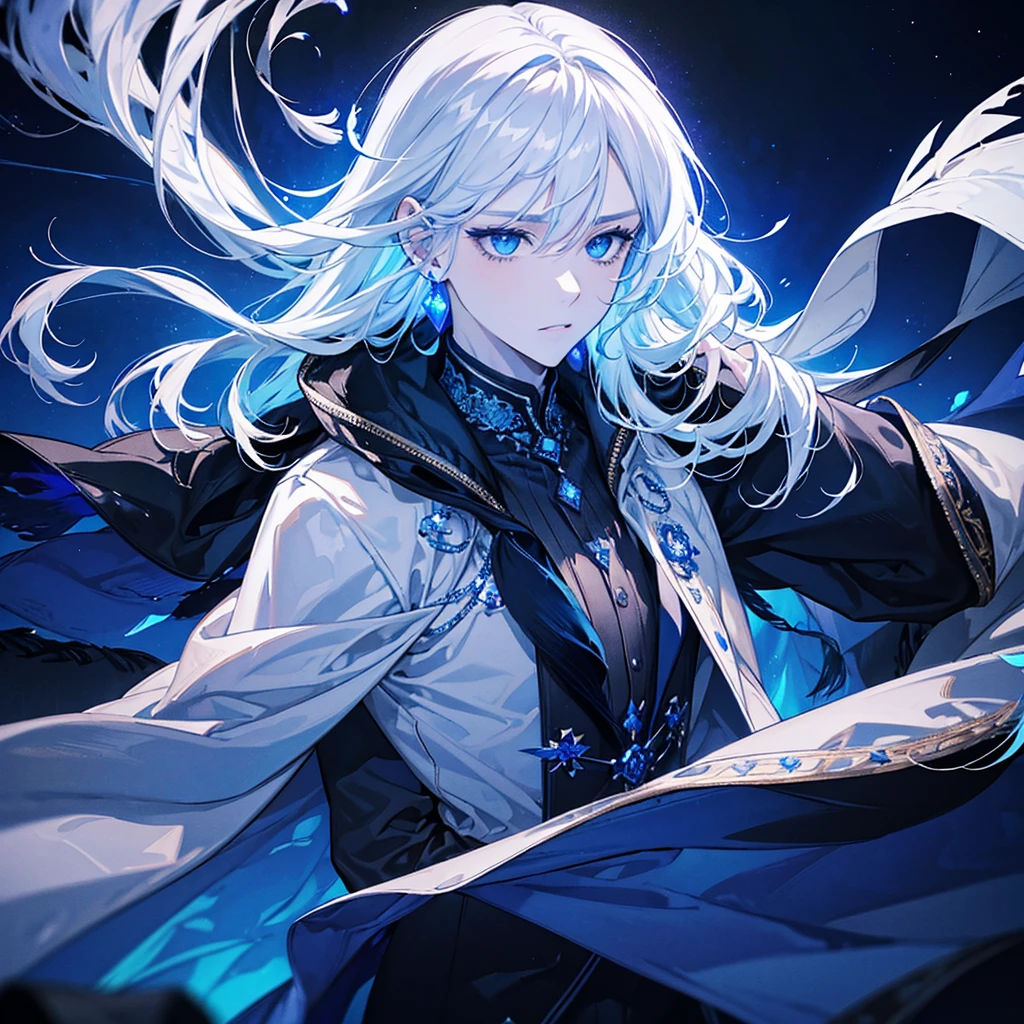 White-skinned Boy, 4k image, Close-up, holographic background, full body, muscular body, masterpiece, top quality, super detailed face, full of details, highly detailed, Celestial Robe, Flowing robe with reflections of the night sky, Cloak of feathers, Cape with shiny feathers, Leather pants, Tight leather pants, Light blue fabric, Tunic made from a fabric that reflects the night sky, Feather cape, Cape adorned with glowing feathers, Gem jewelry, Gem-encrusted accessories that represent natural elements, Majestic appearance, the feather cape gives a majestic appearance, Celestial Reflection in Tunic, Tunic with reflections of the night sky, Natural Elegance, Clothing that combines elegance with natural elements, Face and Hair, Intense eyes, Deep blue eyes and intense, Defined Eyebrows, Defined eyebrows that highlight an expressive and determined look. , Straight and firm nose, Serene lips, Wavy hair, Wavy white hair that falls naturally, Tufts of feathers, Some strands of hair adorned with small feathers.