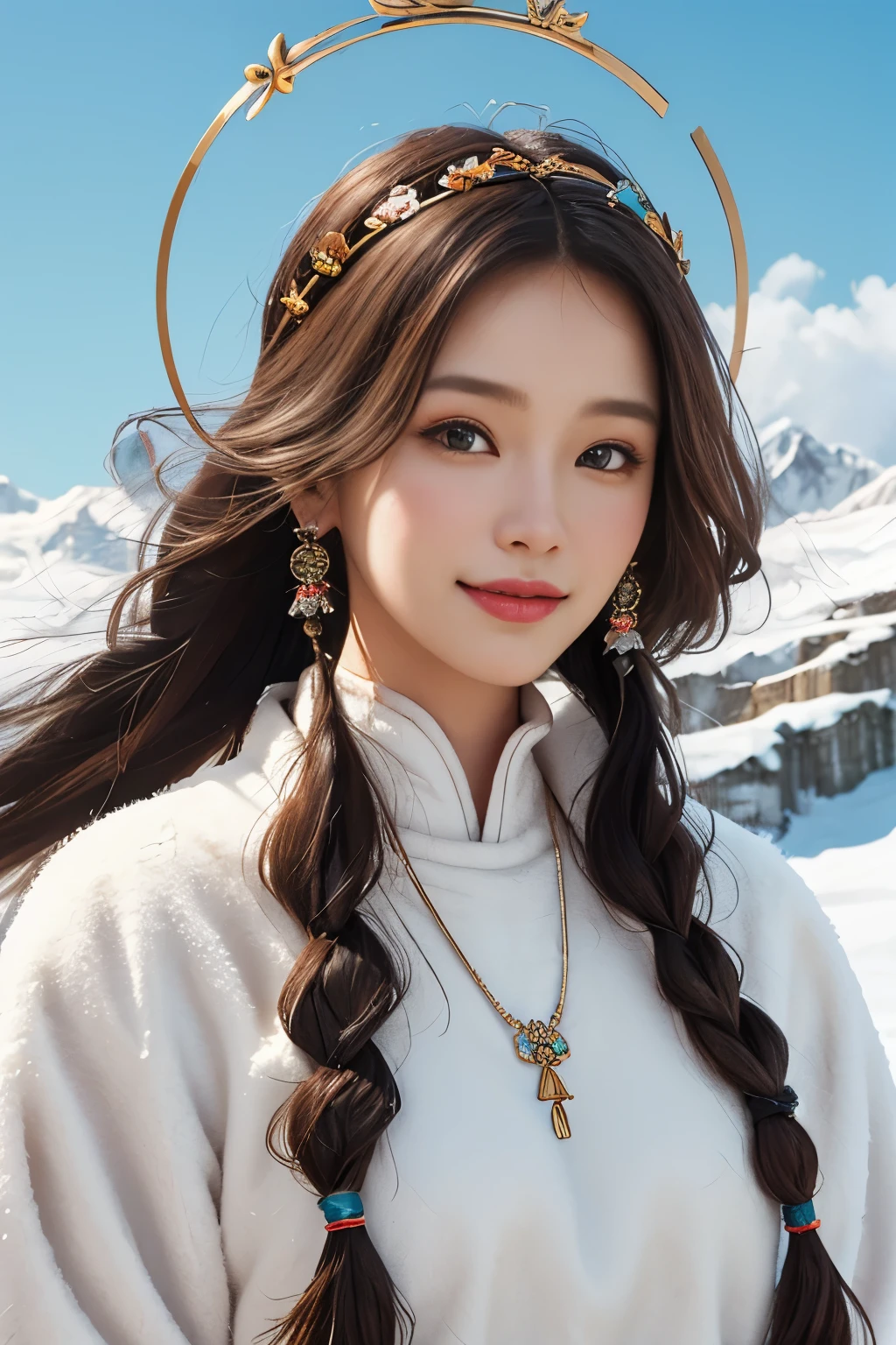 A girl, long braids, Tibetan girl, close-up, slightly raised, smile, left and right body photos, upper body, front photo, Tibetan clothing, colorful clothing, clothes with fluff, white fluff, high-end Tibetan clothing, cumbersome Tibetan clothing design, cold clothing, winter clothing, appearance Yang transcendence, round face shape, gorgeous Tibetan clothing, cumbersome Tibetan necklace, cumbersome Tibetan headdress, colorful headband, real person CG, sweet style, film style, HD 4K, photography effect, studio effect, white halo, Mythical wind, snowfield background, character core, picture ratio 16:9, mask fresh.