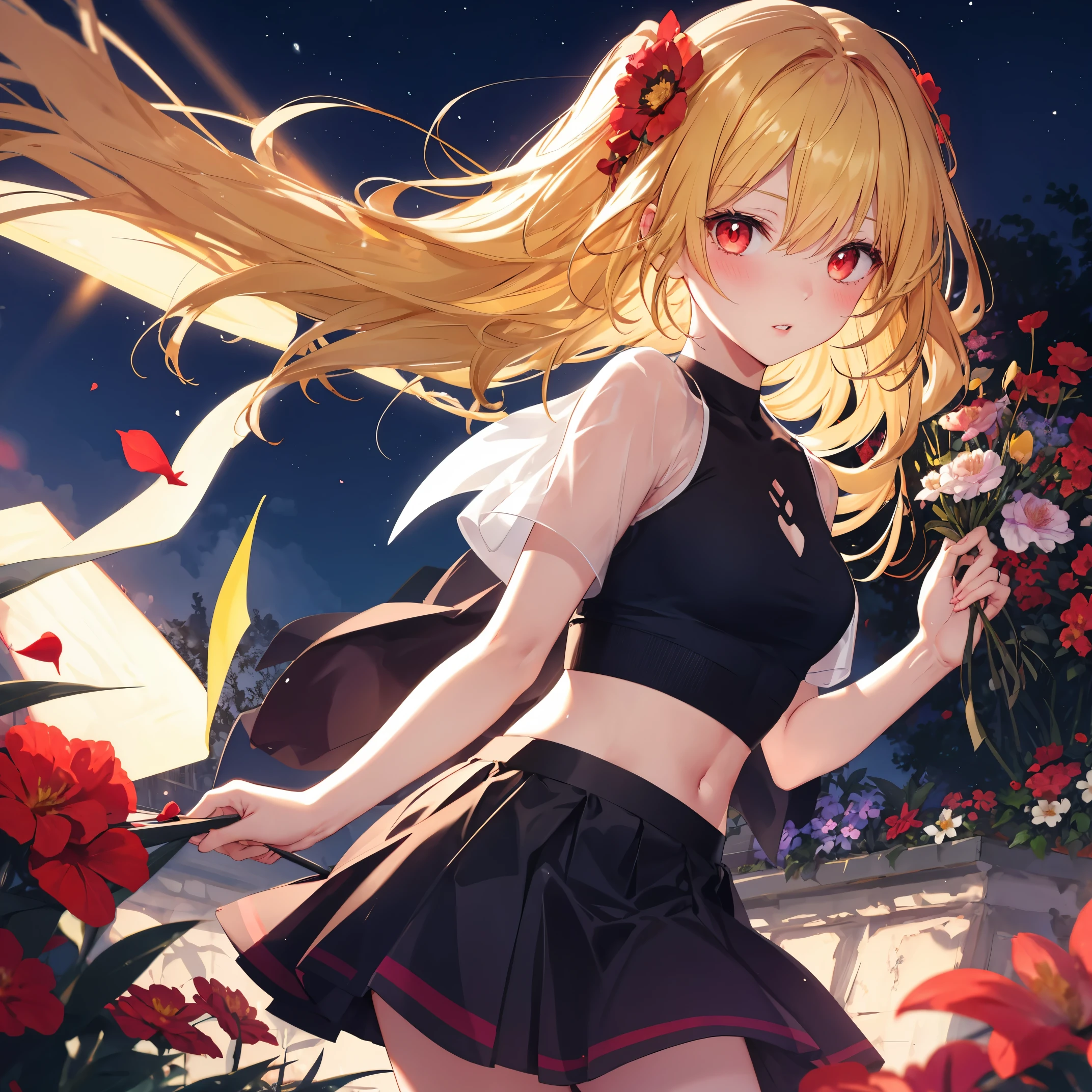 realistic, 1girl,yellow hair,red eyes, glowing eyes, crop top, skirt, parted lips, blush, night, flowers, sun, sunlight,