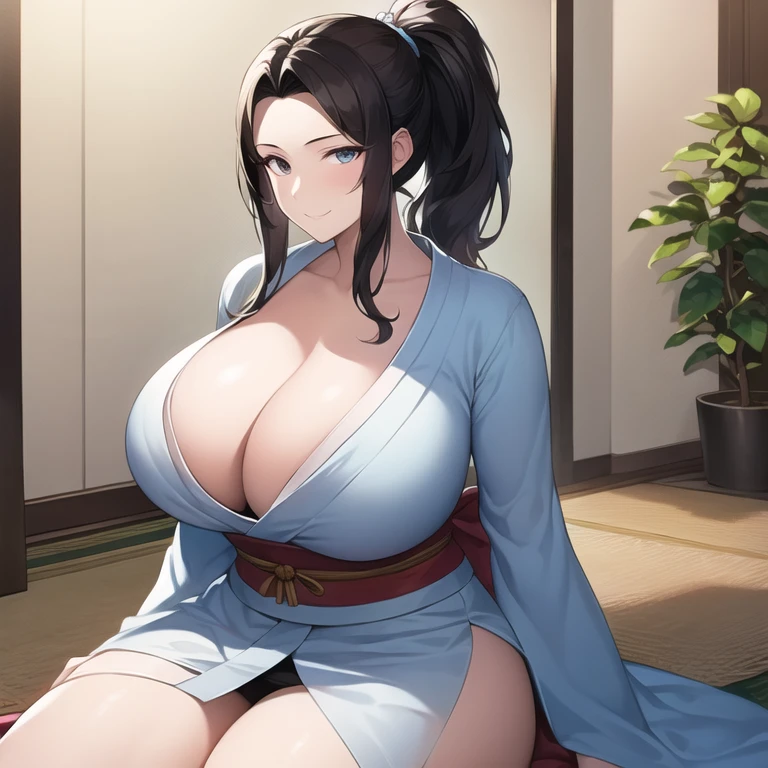 ((masterpiece)), ((best quality)), (ultra-detailed), (realistic), beautiful face, detailed hands, 1girl, solo, female, milf, erly, forehead, big breastaist, wide hips, curvy, (straight hair, long hair, high ponytail, dark hair, dark eyes, white kimono, cleavage), dojo, lookiewer, cowboy shot, seductive smile, sitting