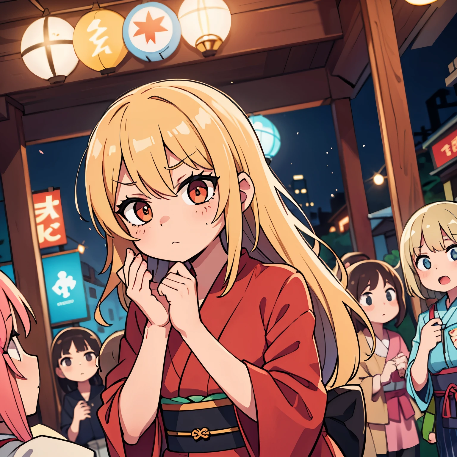 blonde、Bad eyes、glare、yukata、embarrassed、Bad Girls、freckles、have a purse、festival