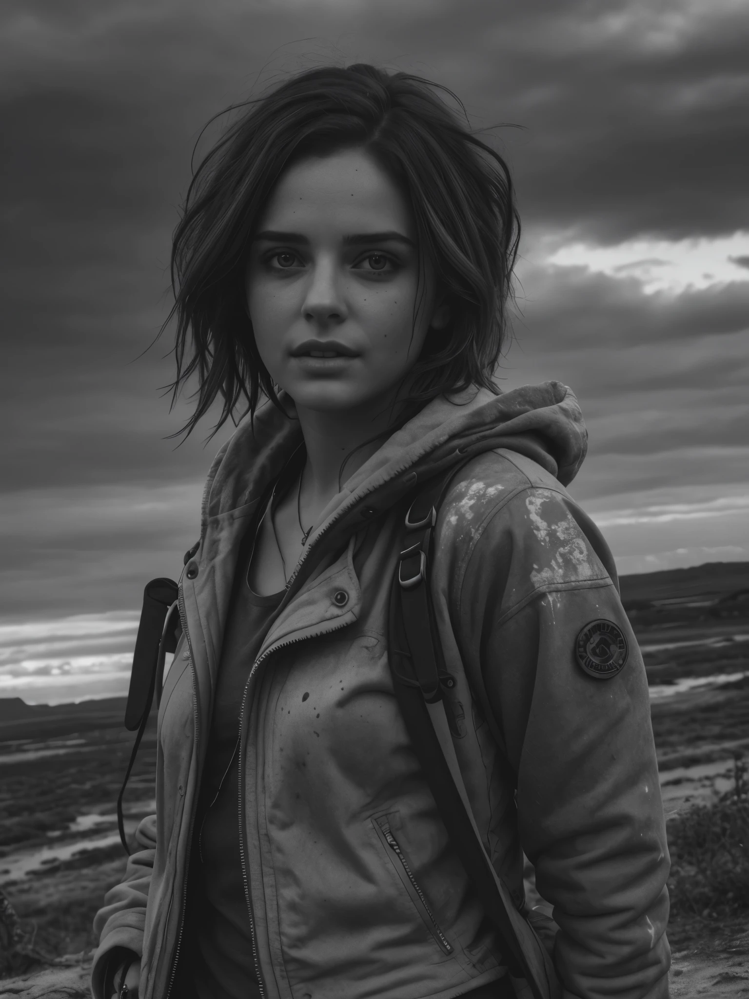 Photorealistic, masterpiece grayscale photo, woman with messy hair and poor minuscule postapocalyptic clothes, cute sexy, (detailed wastelands background), ultra sharp focus, detailed face, (((posing))), random hair color, short hair, beautiful eyes, full body, high quality black and white image