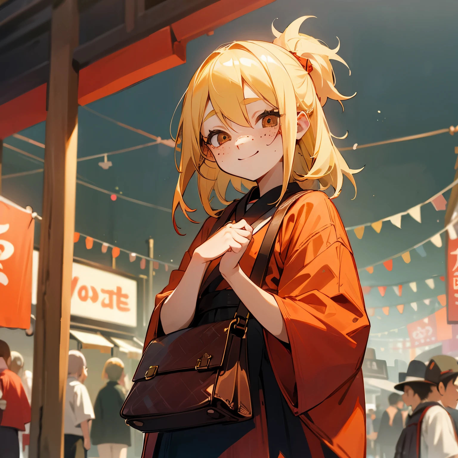 blonde、Bad eyes、Red yukata、shy smile、Bad Girls、freckles、have a purse、festival、Store、whole body