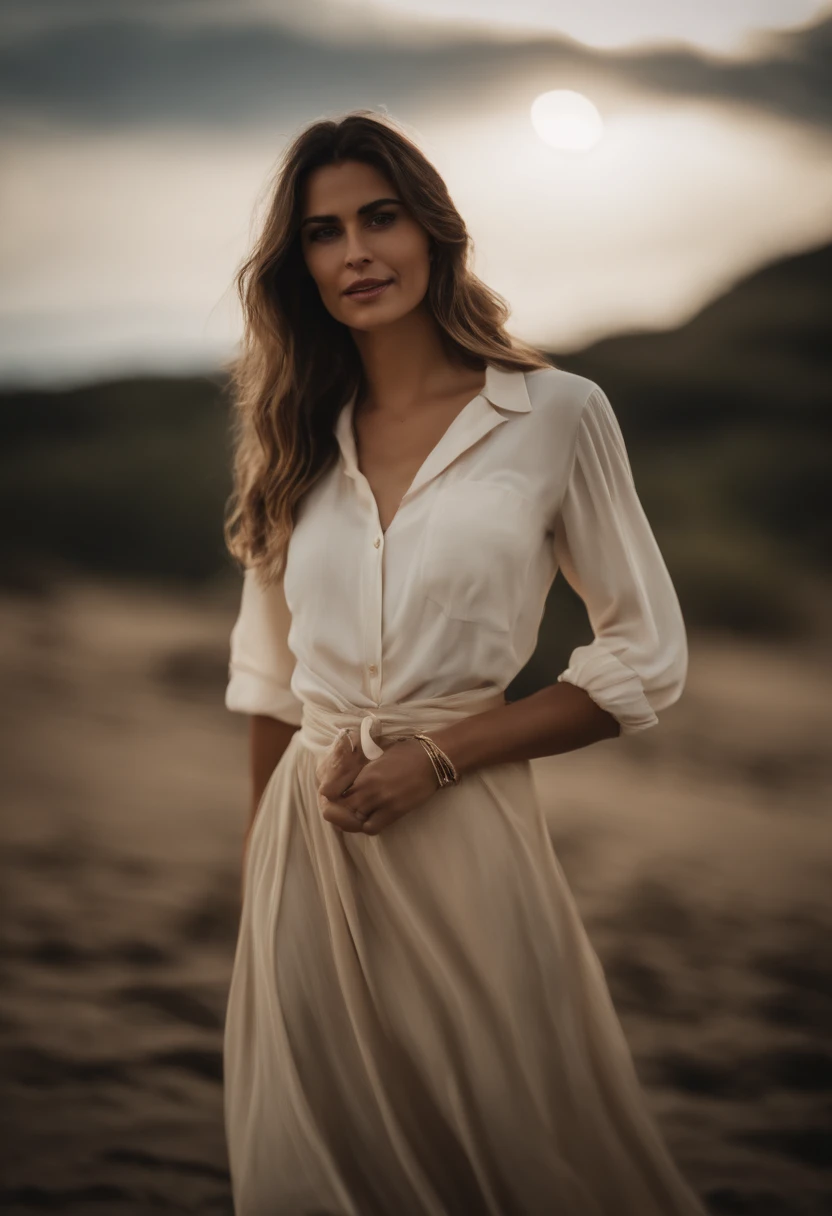 Mulher linda , usando camisa de viscose creme e saia preta plissada, montada num canguru