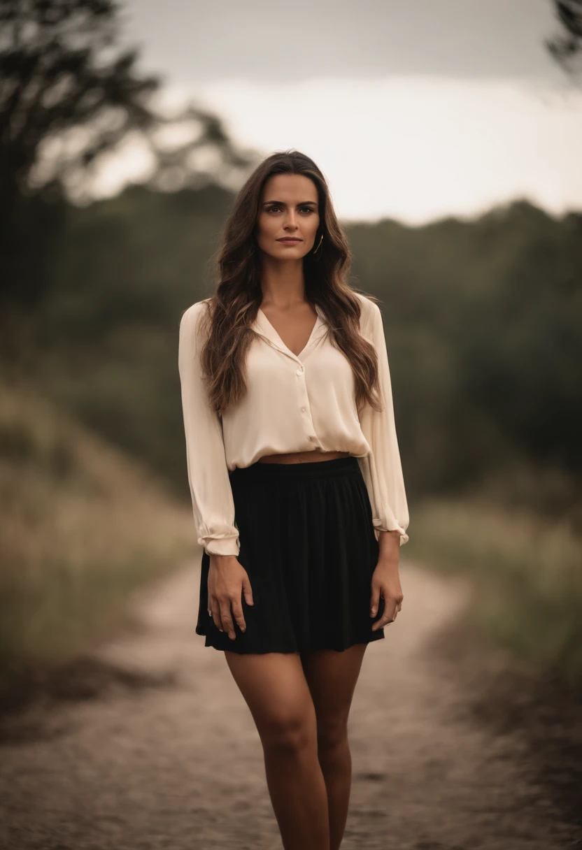 Mulher linda , usando camisa de viscose creme e saia preta plissada, montada num canguru