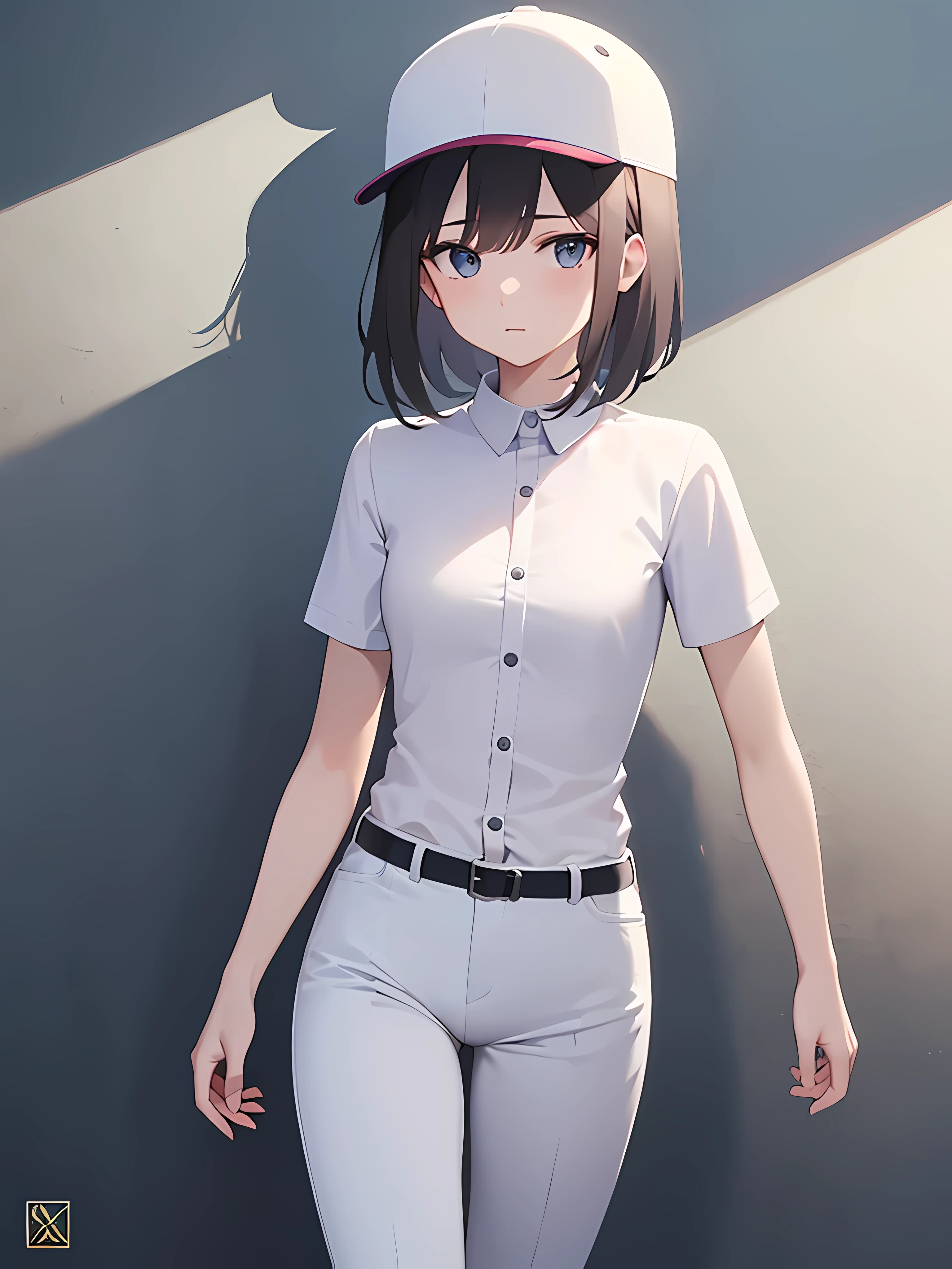 ((best quality)), (masterpiece), woman, matured woman, solo, small breast, white clothing, employe, (white panel cap:1.2), tight white shirt with single white button, tucked in, short sleeves, (long pants:1.2), facing front, torso front, looking at the camera, minimalistic, anime art, fan art, high resolution, 4k, less detailed