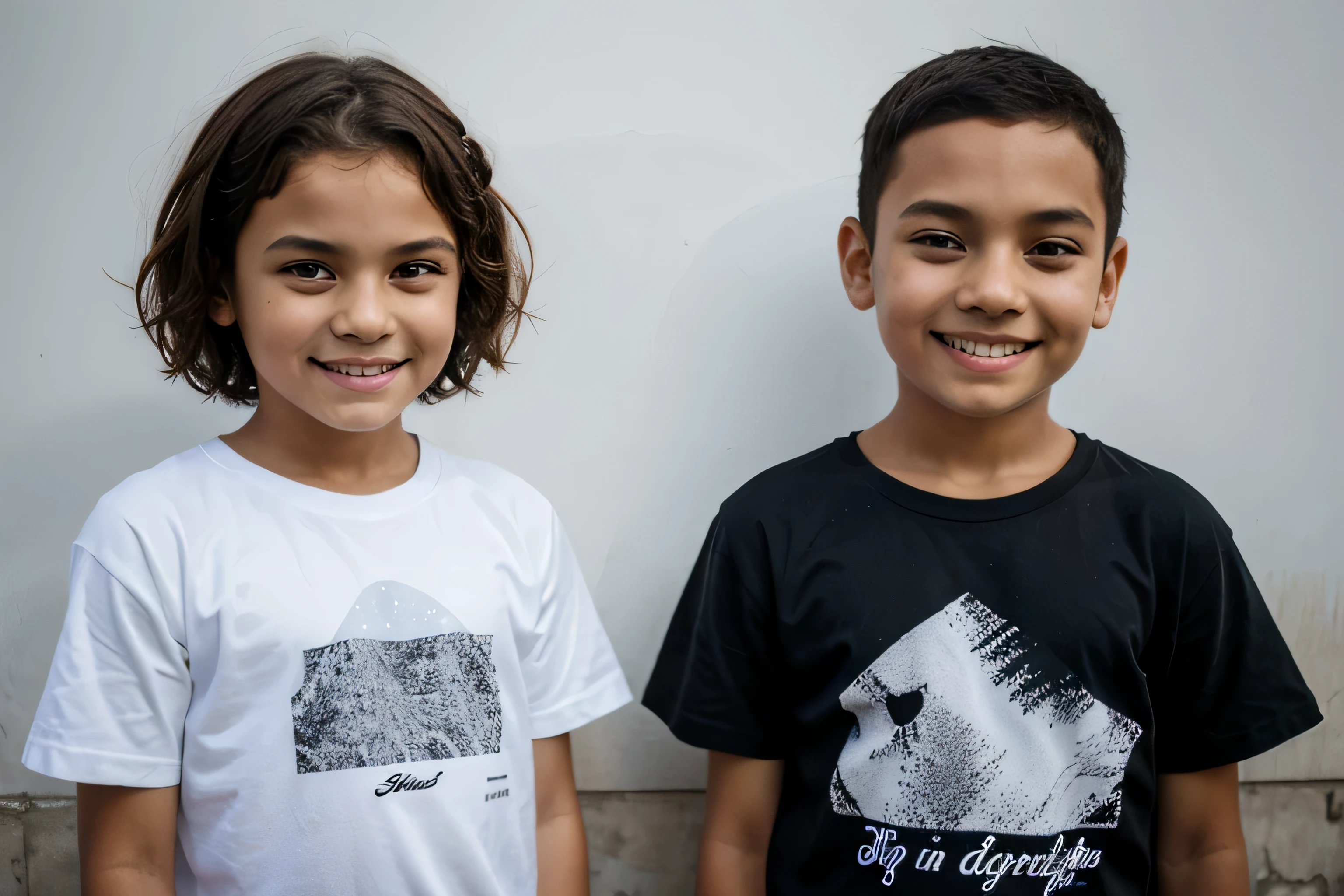two children, s negros, dez anos, vestindo camiseta branca, imagem de meio corpo, background branco, sorridentes, dentes perfeitos