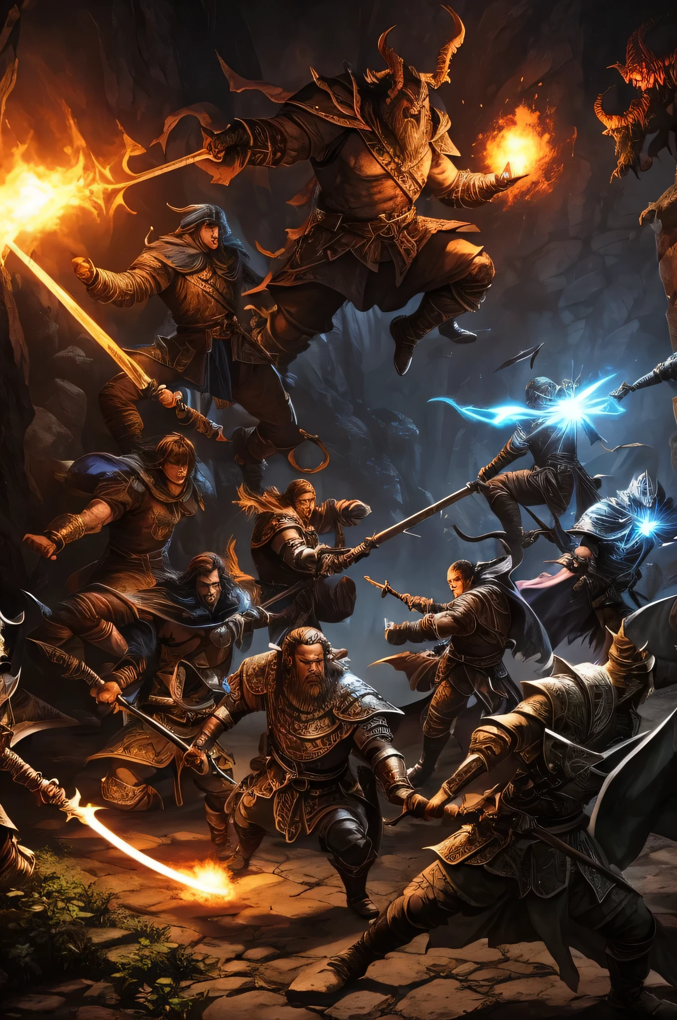 A group of five adventurers exploring a dungeon using light magic and fighting dark demons, image highlighting the five adventurers, adventurers fighting monsters made of shadows, in the group a knight in silver armor, a monk, an elf archer, a red wizard, a barbarian orc