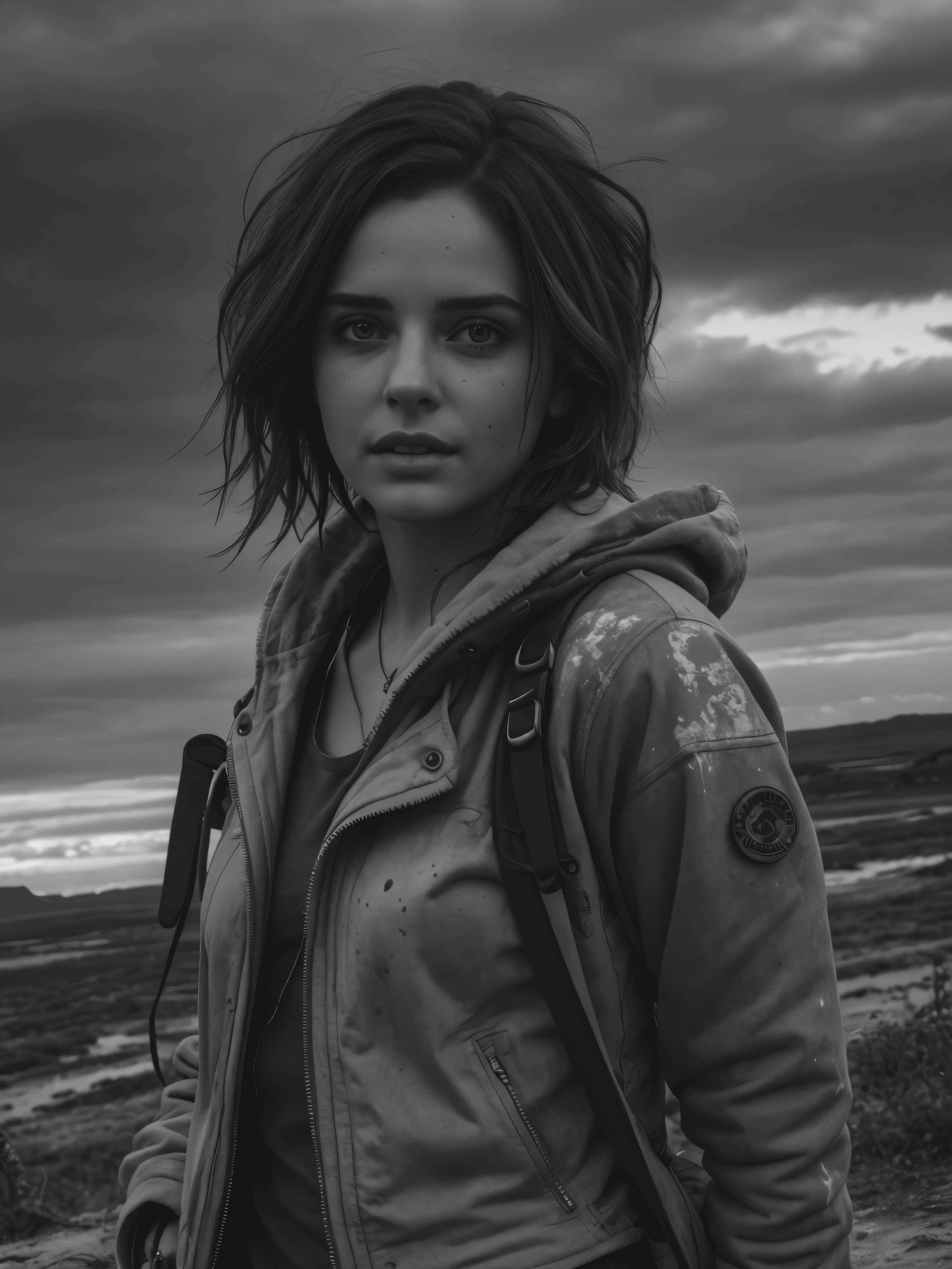 photorealistic, Masterpiece photo in shades of gray, woman with disheveled hair and tiny post-apocalyptic clothes, cute sexy, (Detailed wasteland background), ultra sharp focus, Detailed face, (((posing))), random hair color, short hair, Beautiful eyes, whole body, high quality black and white image